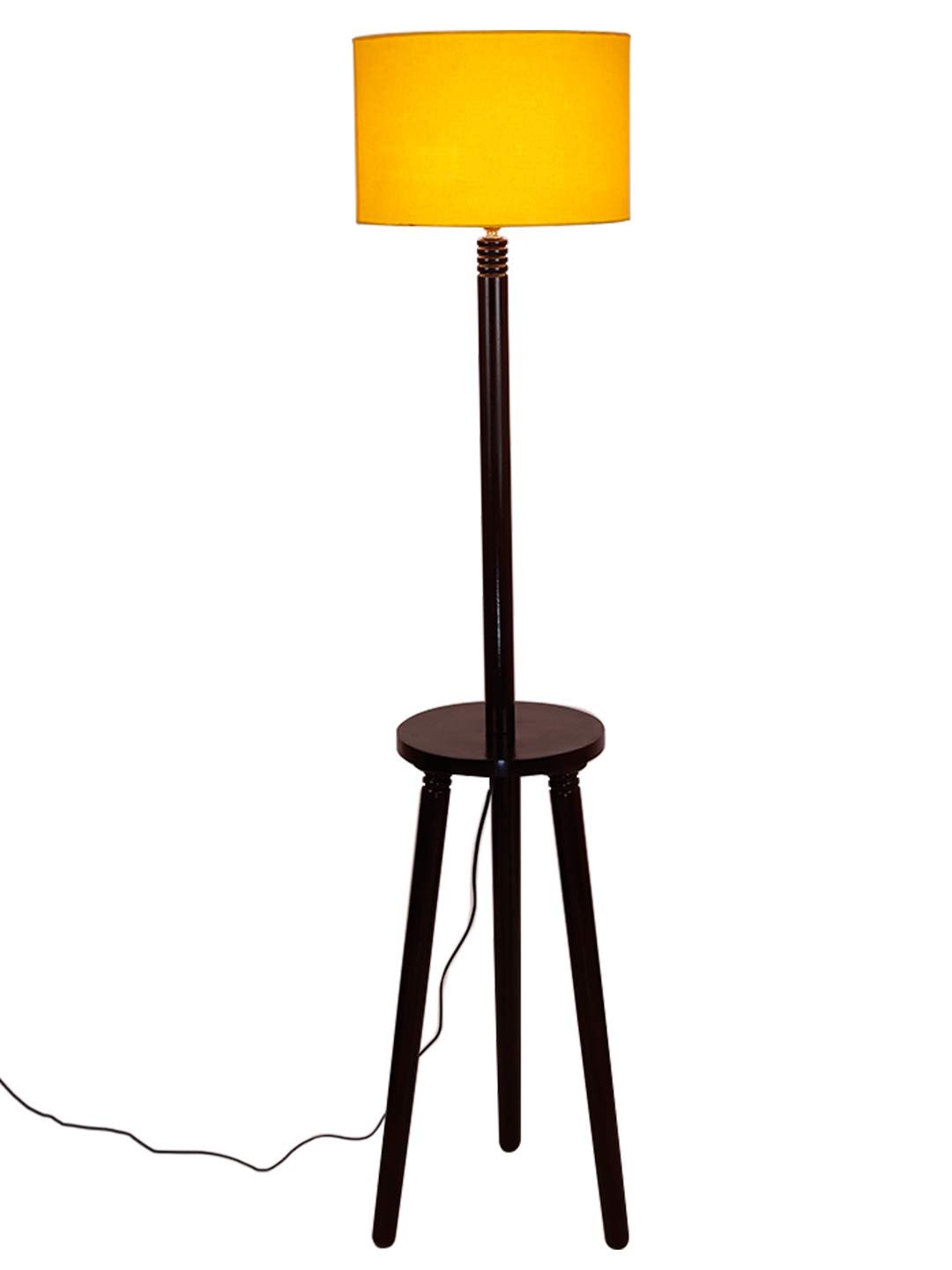 Yellow Cotton Drum Shade Wood Brown Table Floor lamp