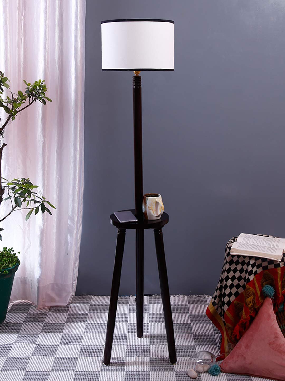 Multicolor Cotton Drum Shade Wood Brown Table Floor lamp