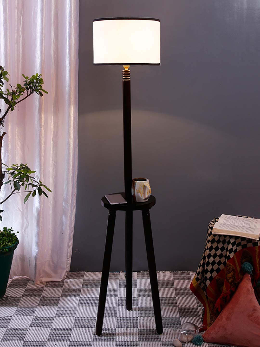 Multicolor Cotton Drum Shade Wood Brown Table Floor lamp