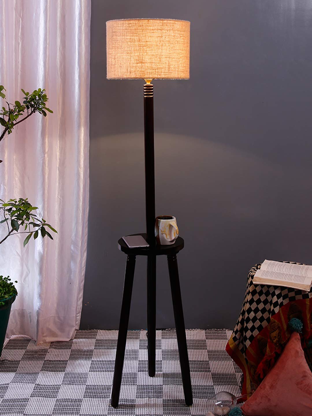 Beige Jute Drum Shade Wood Brown Table Floor lamp