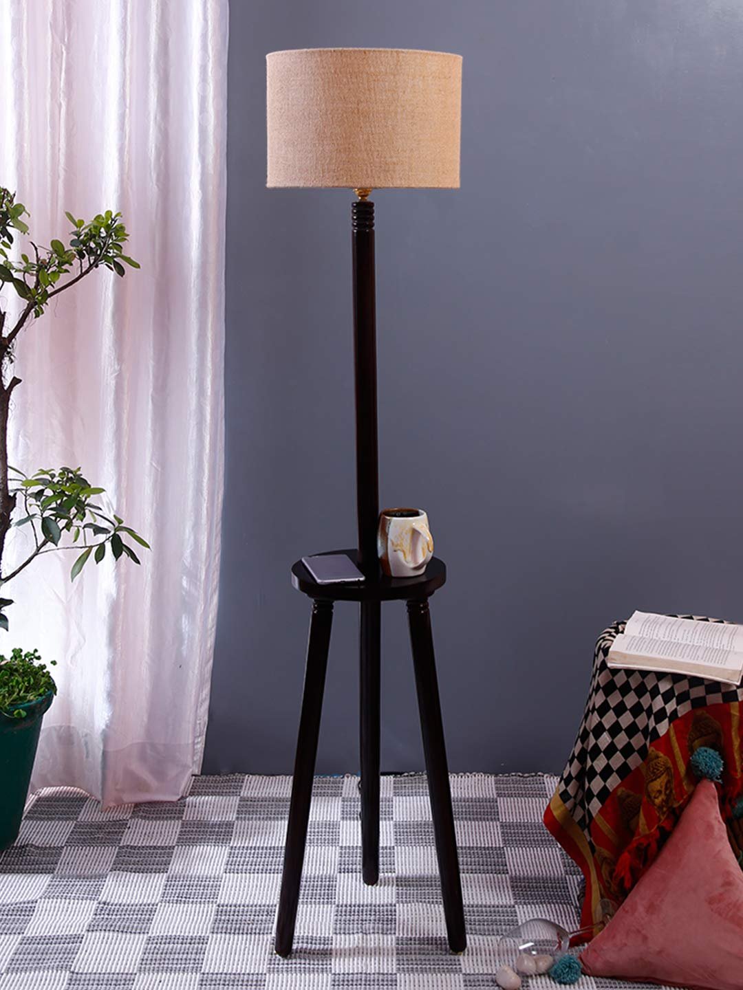 Beige Jute Drum Shade Wood Brown Table Floor lamp