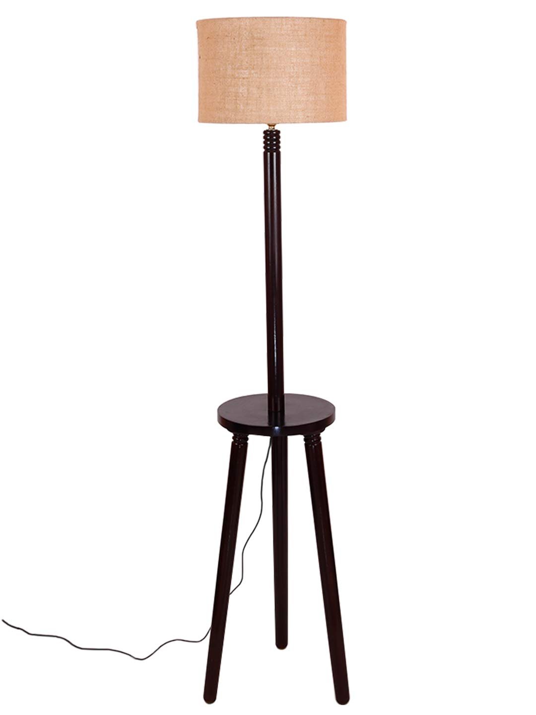 Beige Jute Drum Shade Wood Brown Table Floor lamp