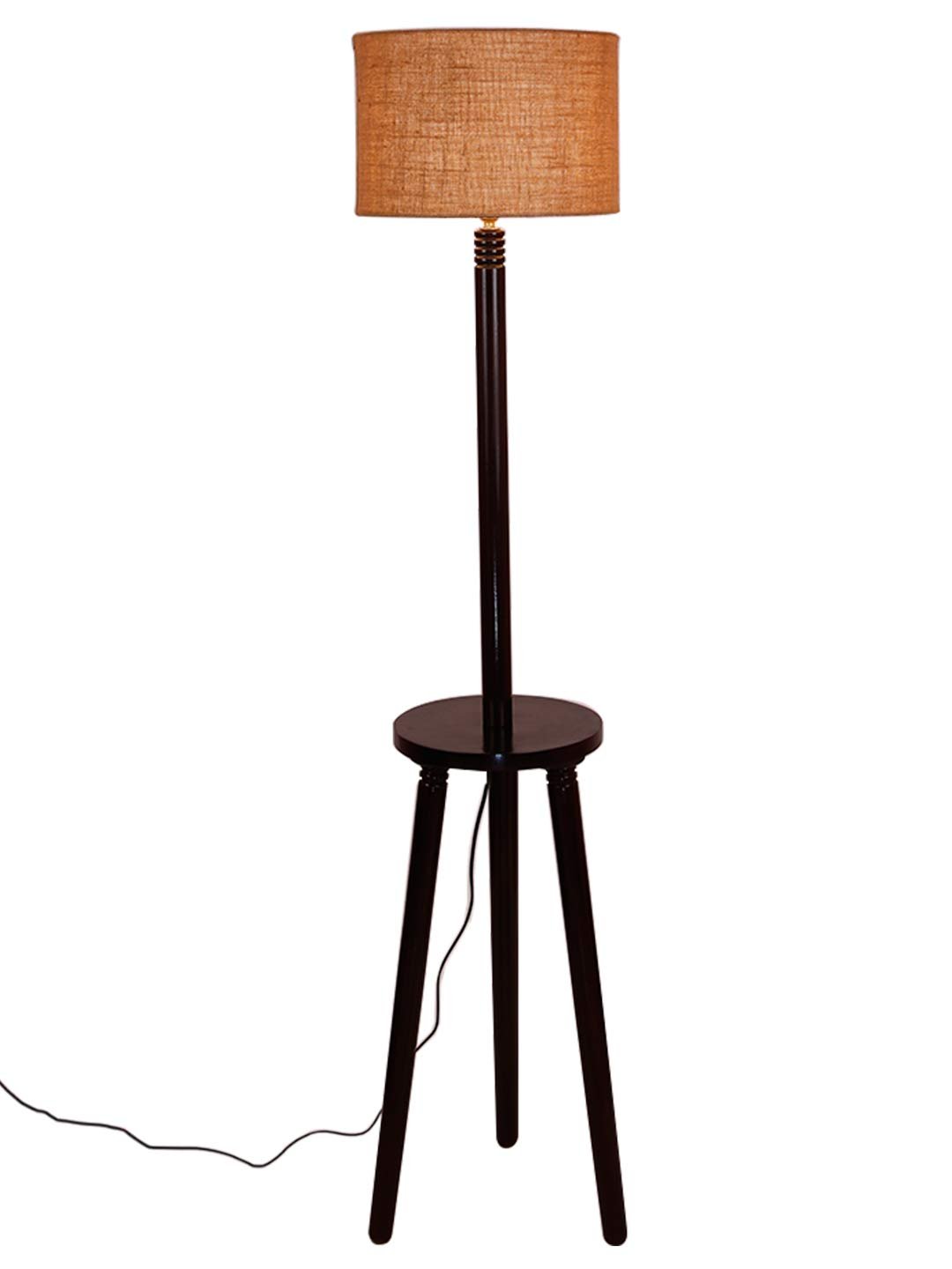 Beige Jute Drum Shade Wood Brown Table Floor lamp