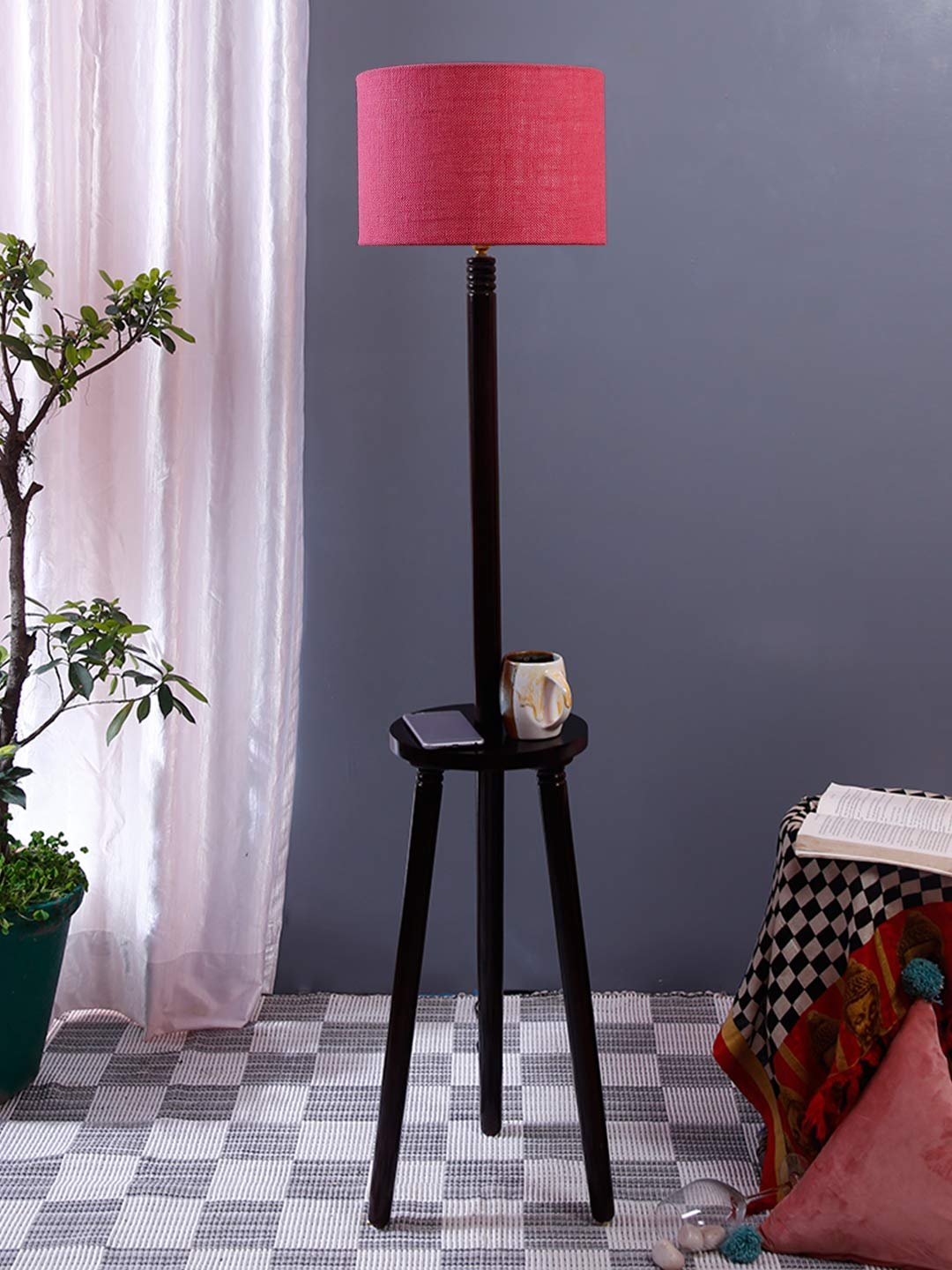 Pink Jute Drum Shade Wood Brown Table Floor lamp