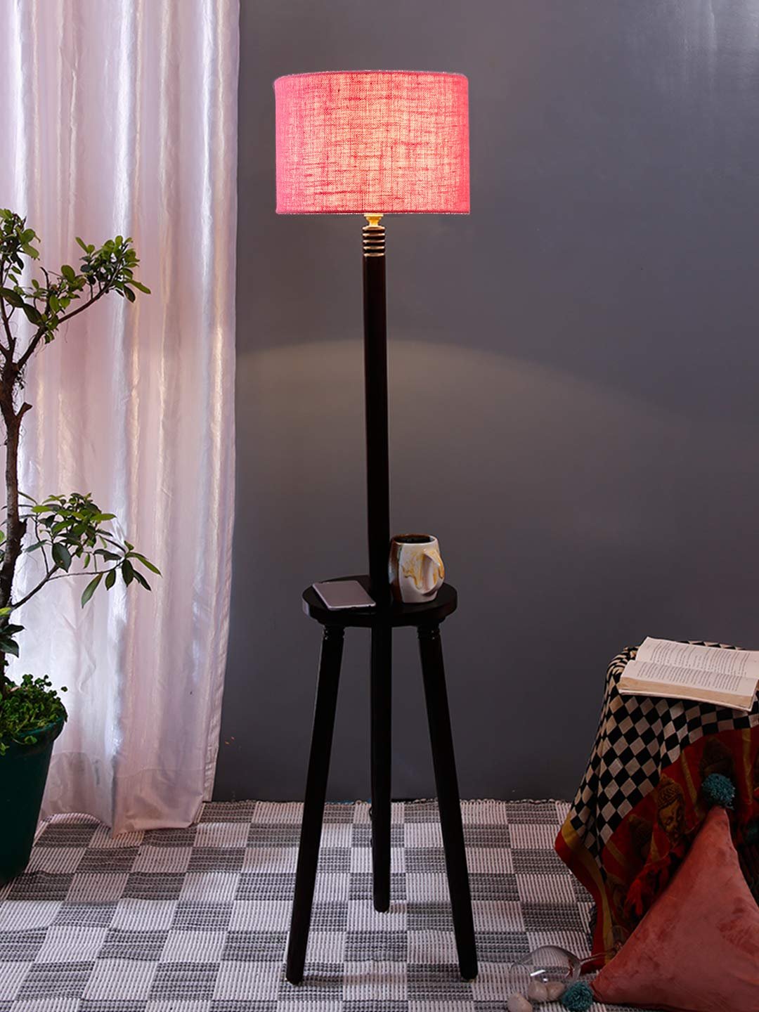 Pink Jute Drum Shade Wood Brown Table Floor lamp