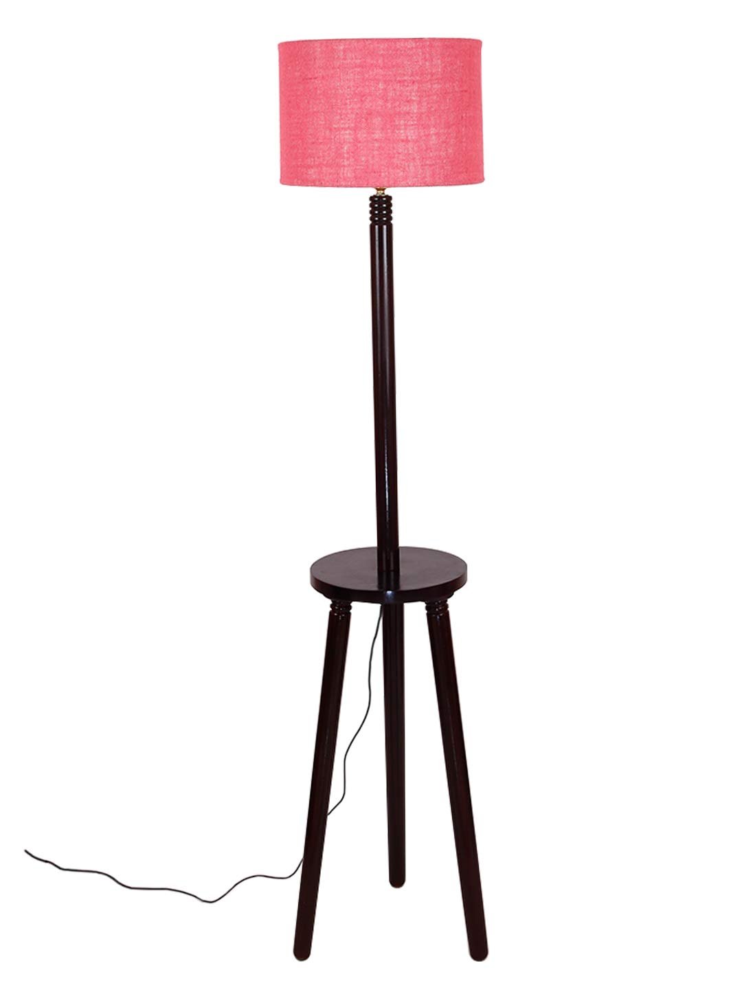Pink Jute Drum Shade Wood Brown Table Floor lamp