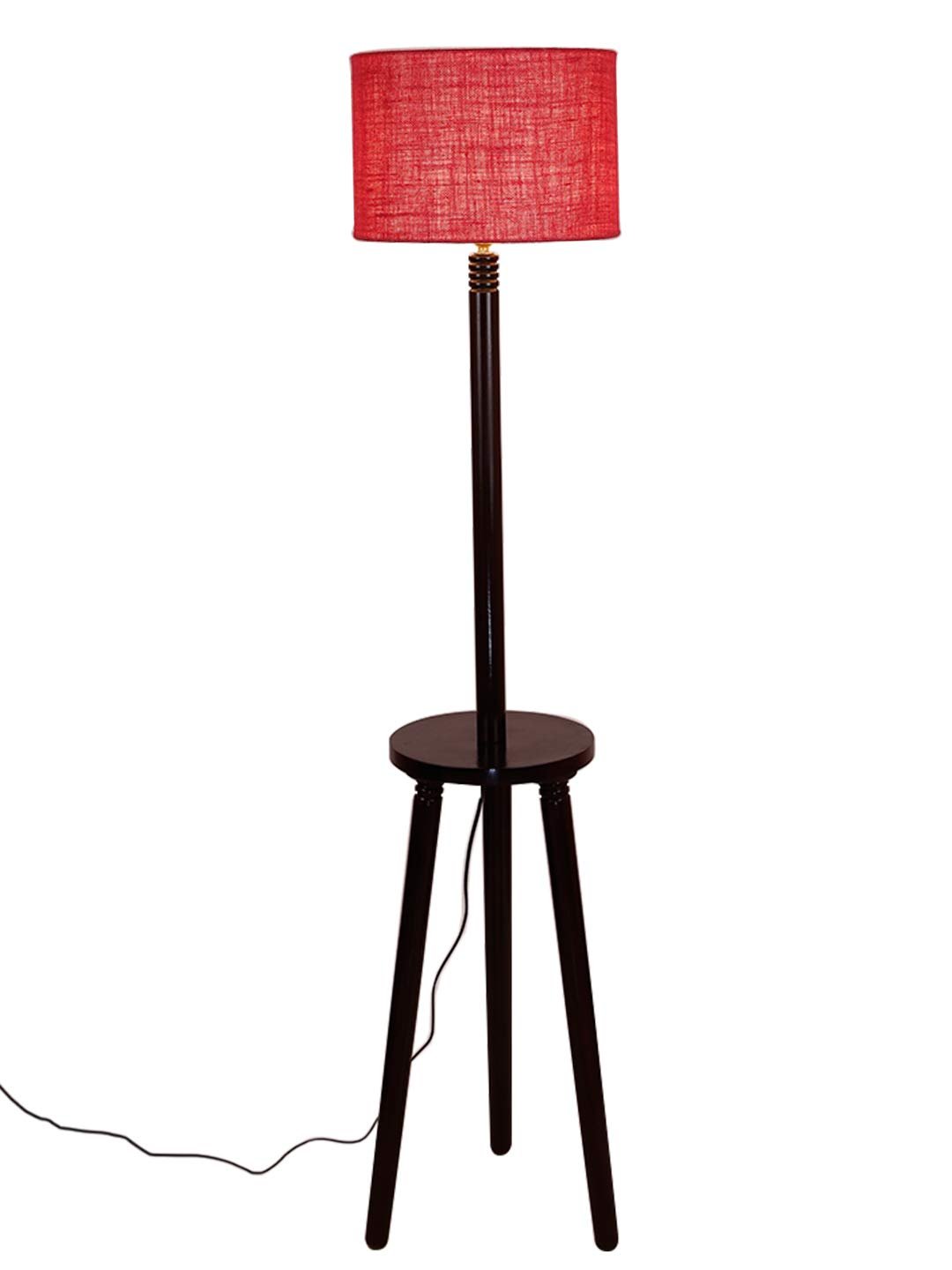 Pink Jute Drum Shade Wood Brown Table Floor lamp