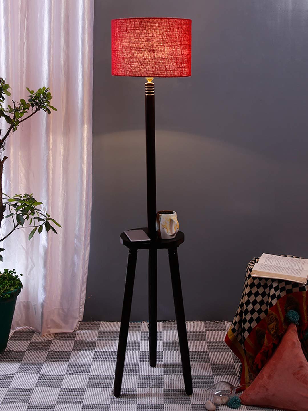Maroon Jute Drum Shade Wood Brown Table Floor lamp