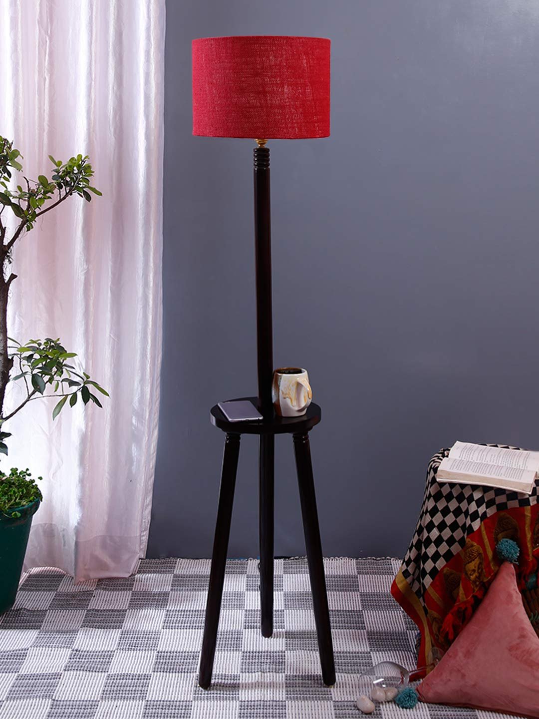 Maroon Jute Drum Shade Wood Brown Table Floor lamp