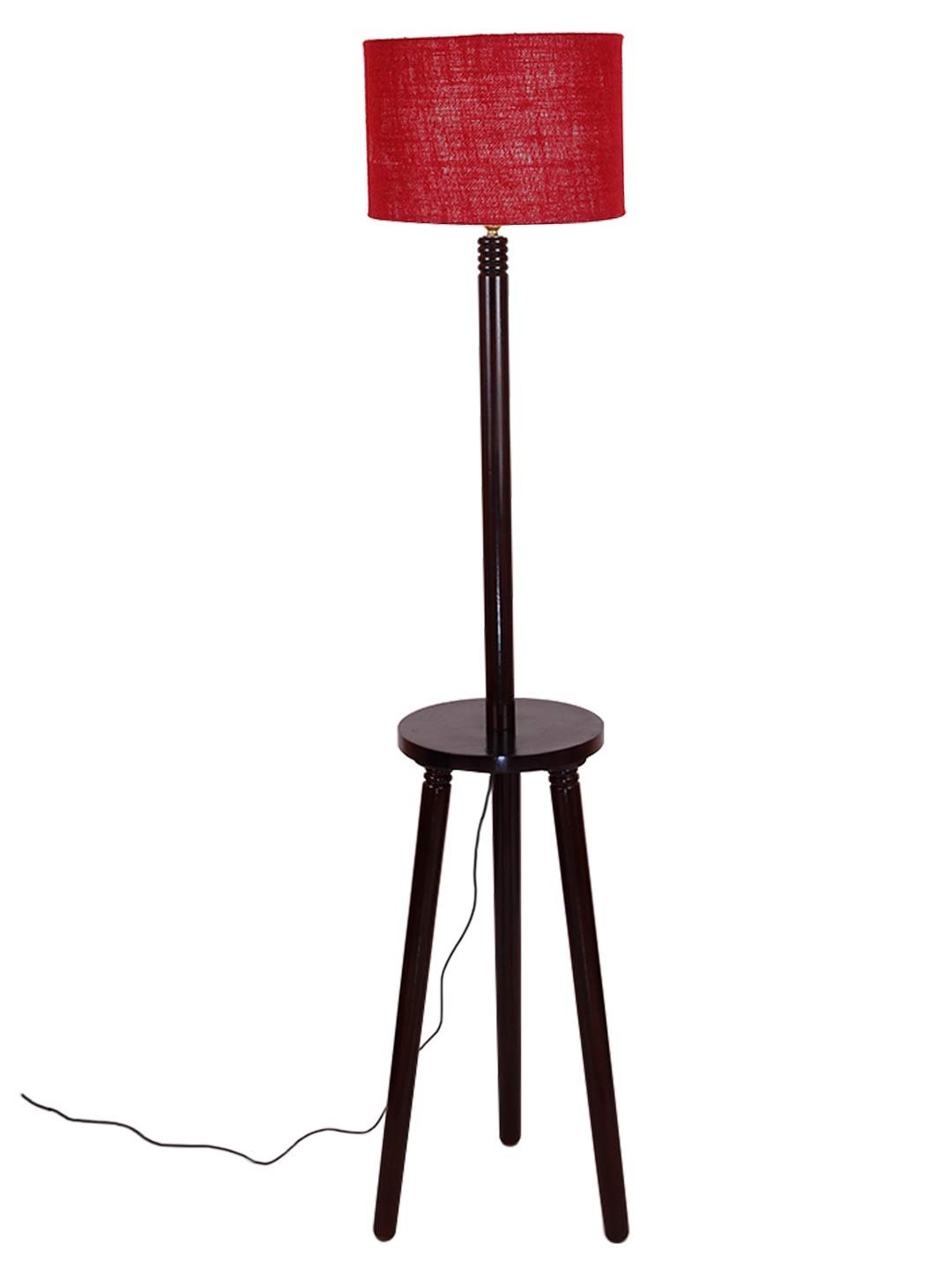 Maroon Jute Drum Shade Wood Brown Table Floor lamp