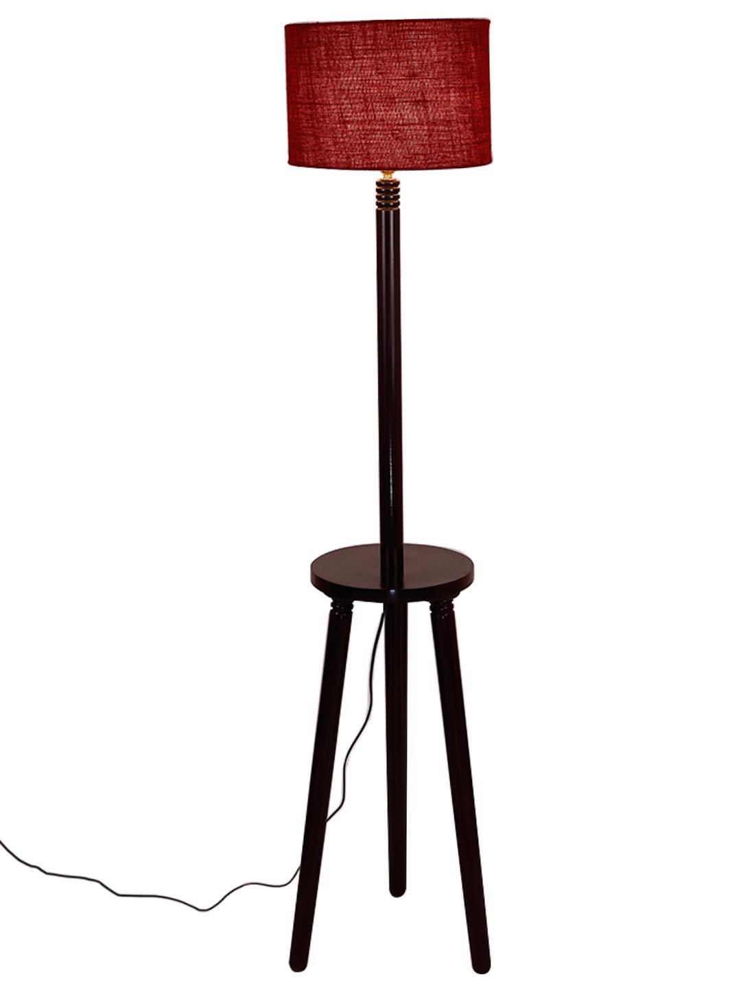 Maroon Jute Drum Shade Wood Brown Table Floor lamp