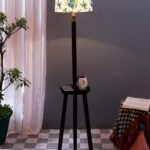 Multicolor Cotton Drum Shade Wood Brown Table Floor lamp
