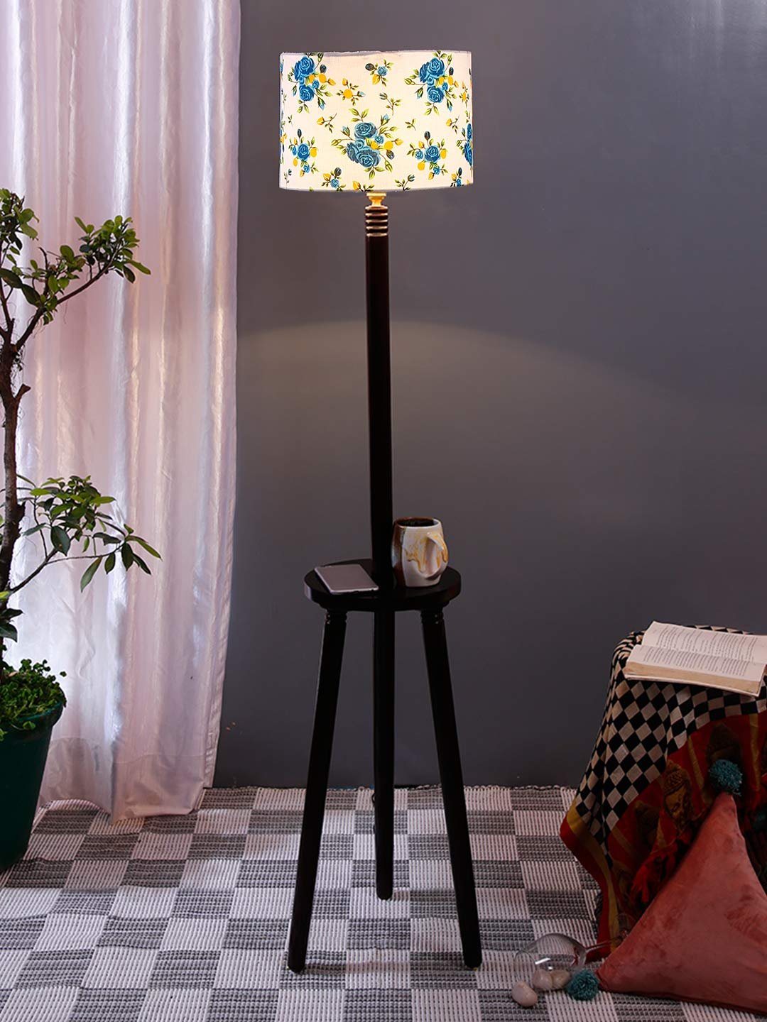 Multicolor Cotton Drum Shade Wood Brown Table Floor lamp