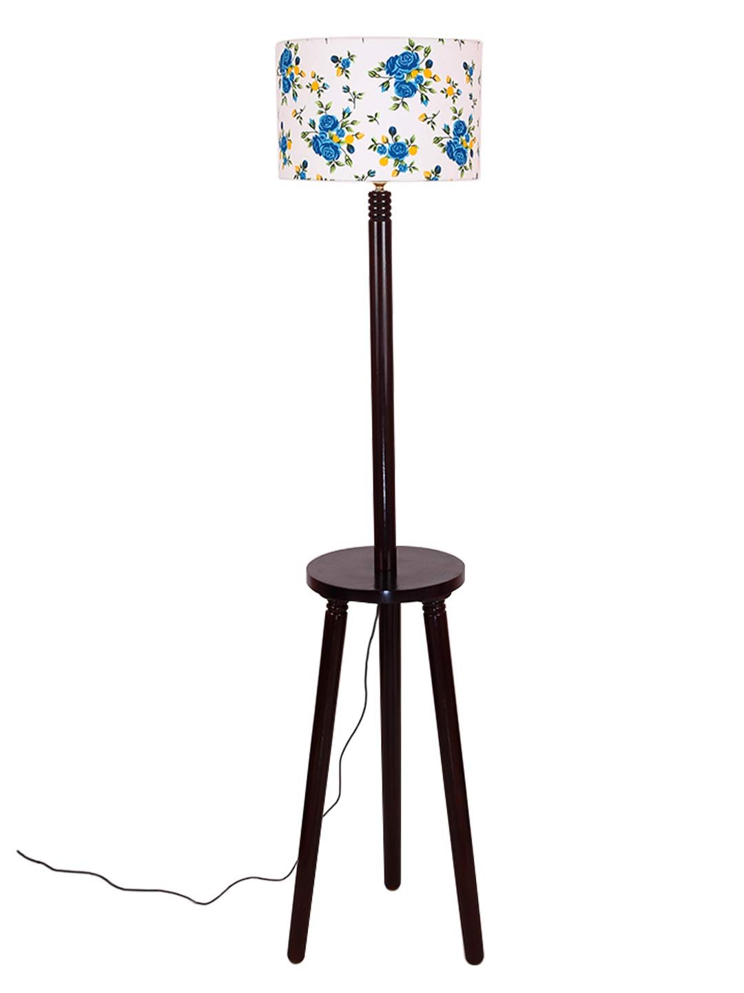 Multicolor Cotton Drum Shade Wood Brown Table Floor lamp