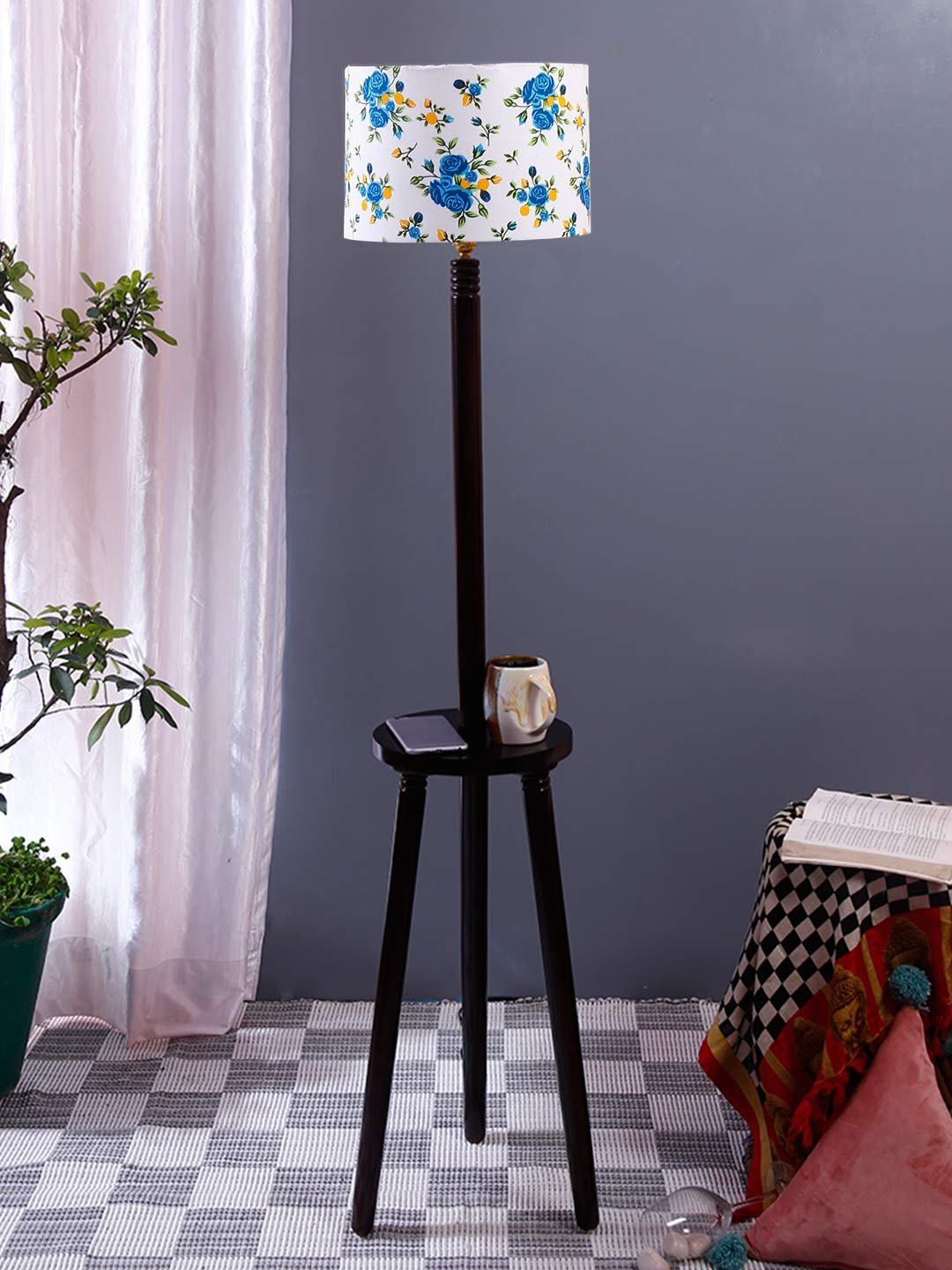 Multicolor Cotton Drum Shade Wood Brown Table Floor lamp