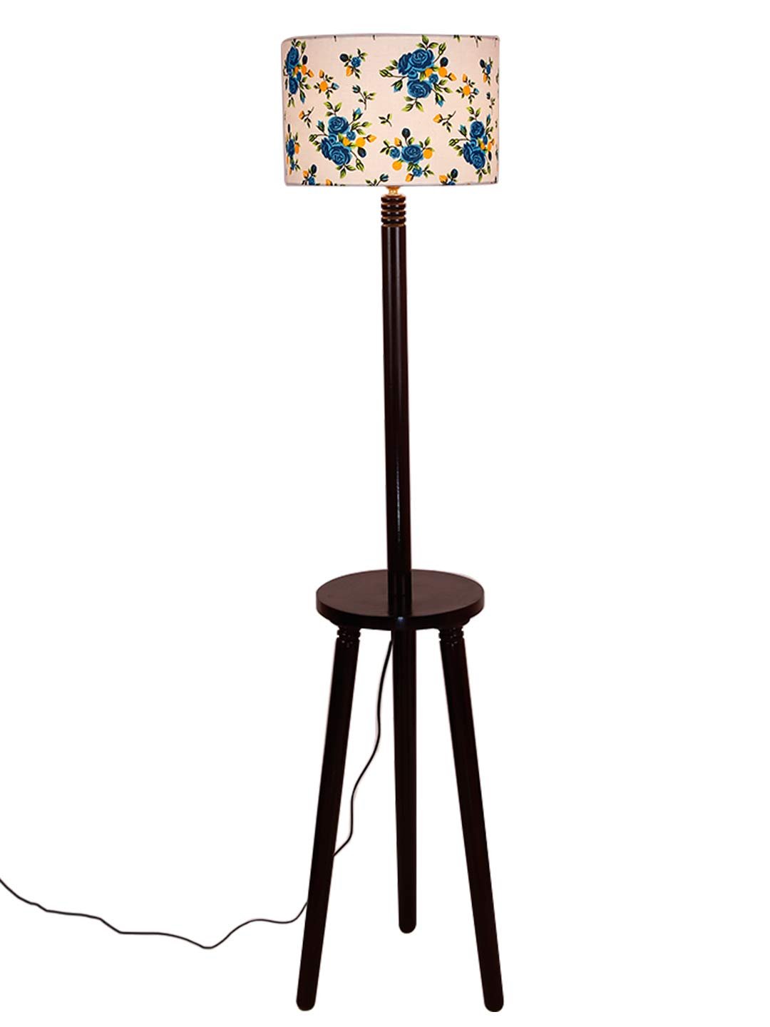 Multicolor Cotton Drum Shade Wood Brown Table Floor lamp