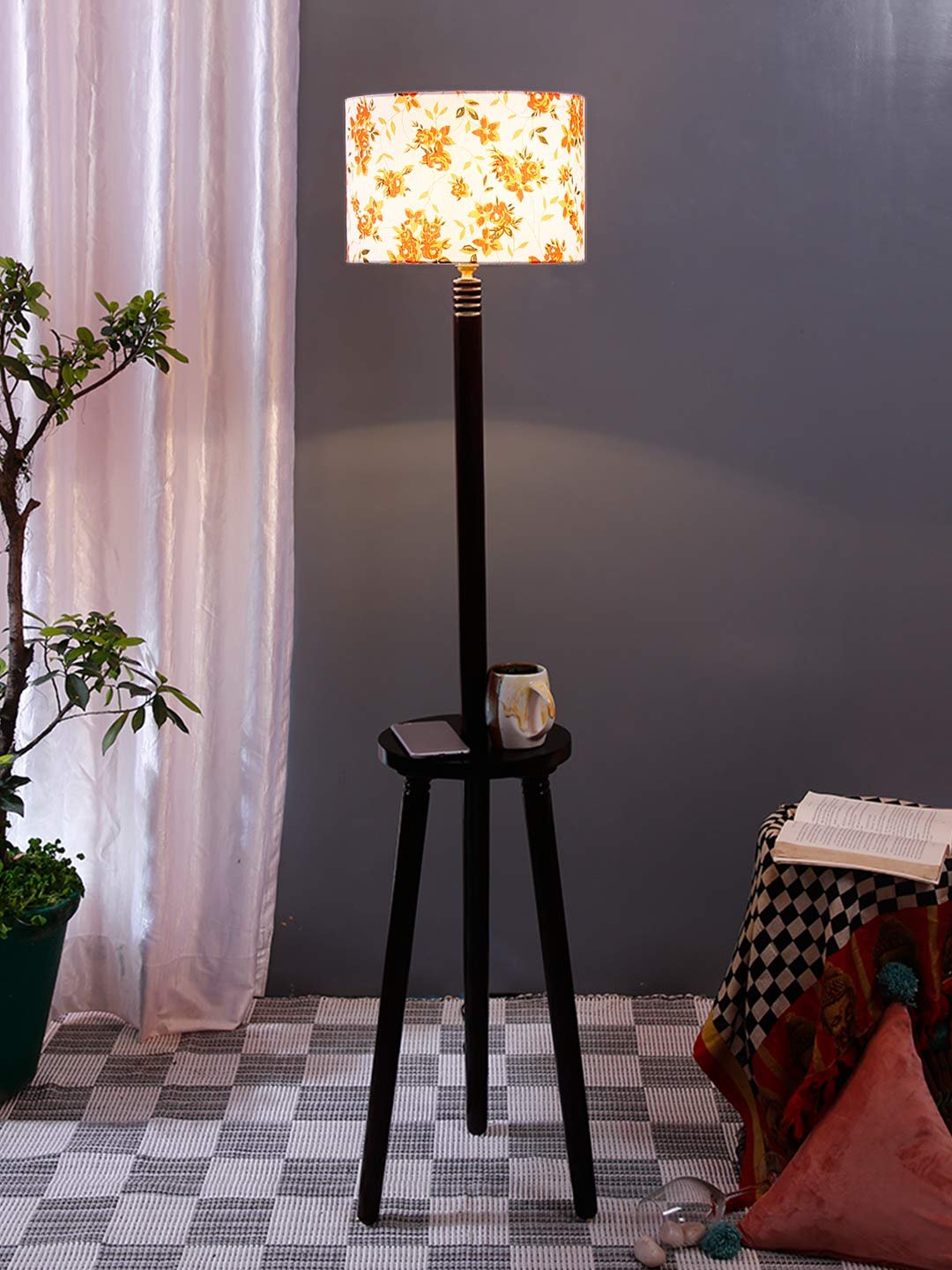 Multicolor Cotton Drum Shade Wood Brown Table Floor lamp