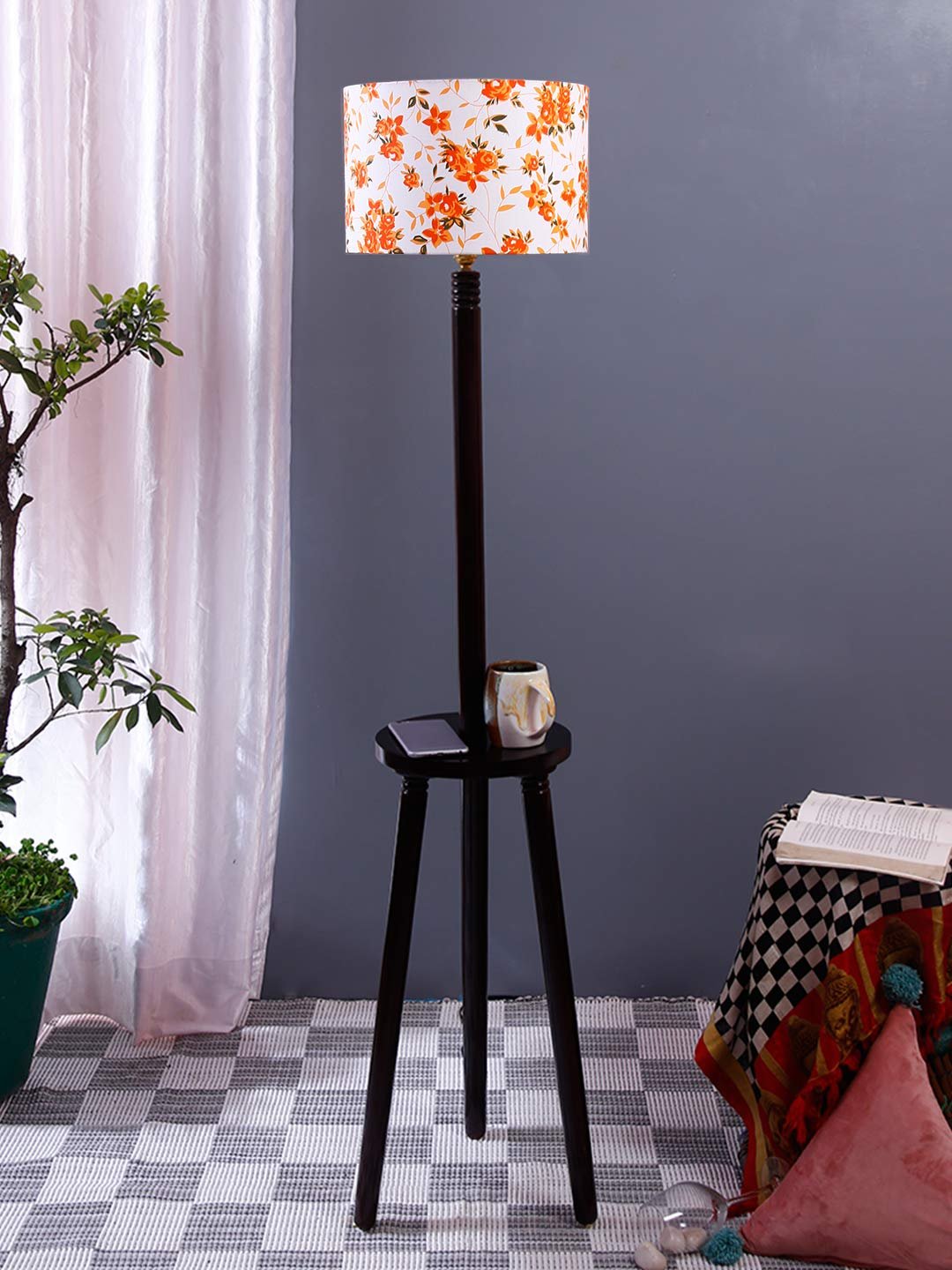 Multicolor Cotton Drum Shade Wood Brown Table Floor lamp