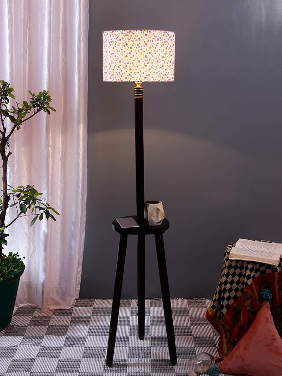 Multicolor Cotton Drum Shade Wood Brown Table Floor lamp