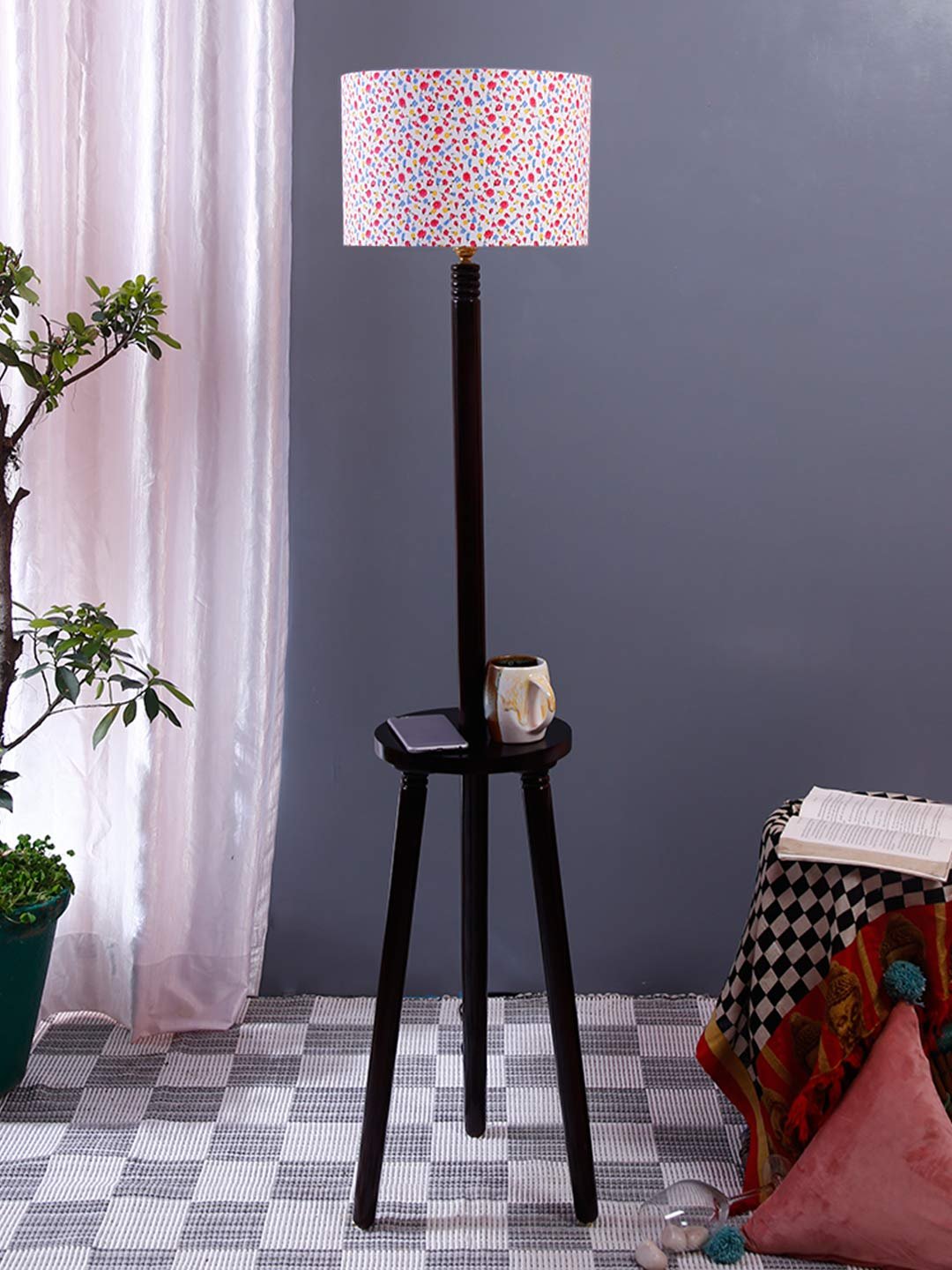 Multicolor Cotton Drum Shade Wood Brown Table Floor lamp