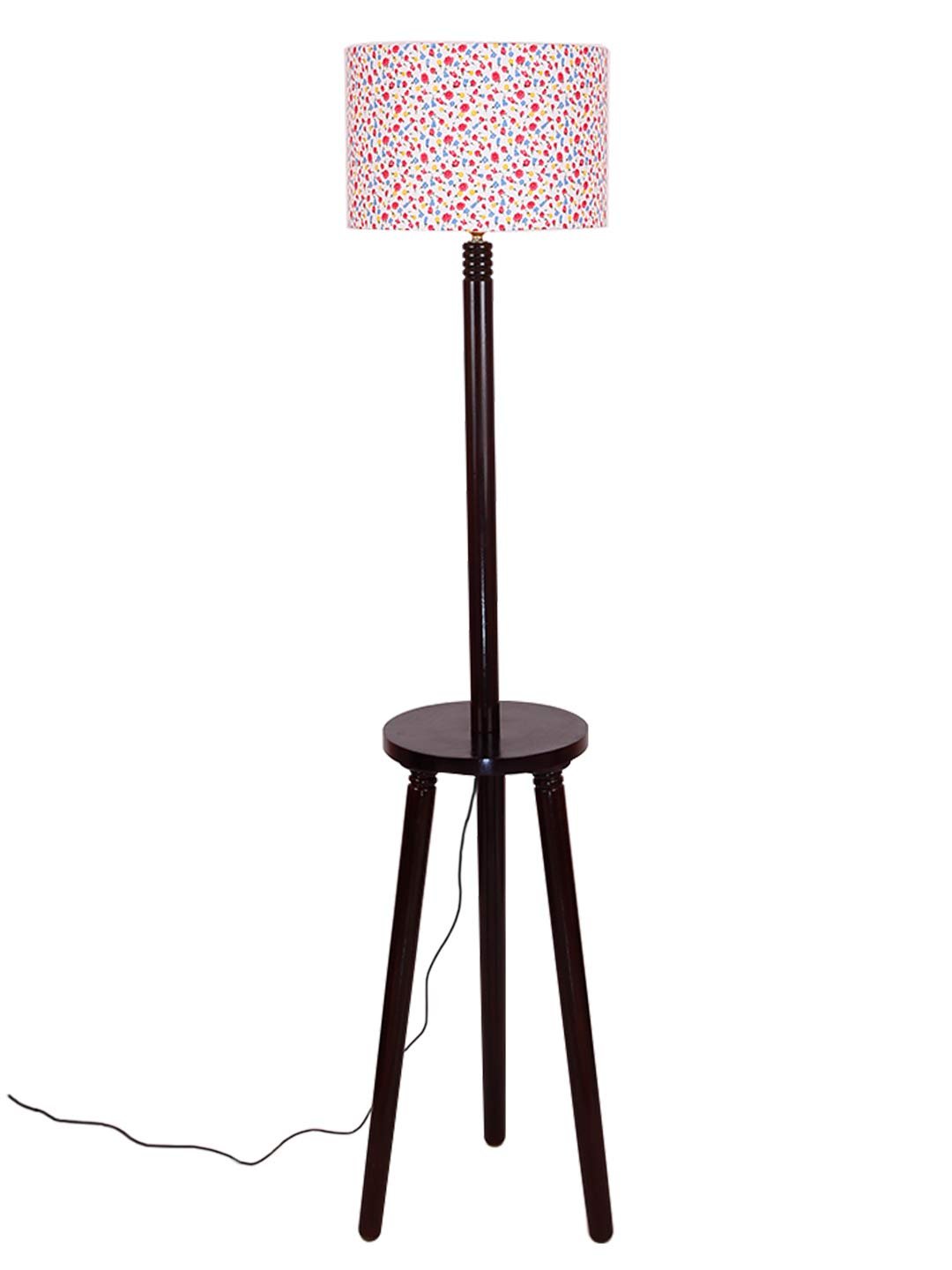 Multicolor Cotton Drum Shade Wood Brown Table Floor lamp