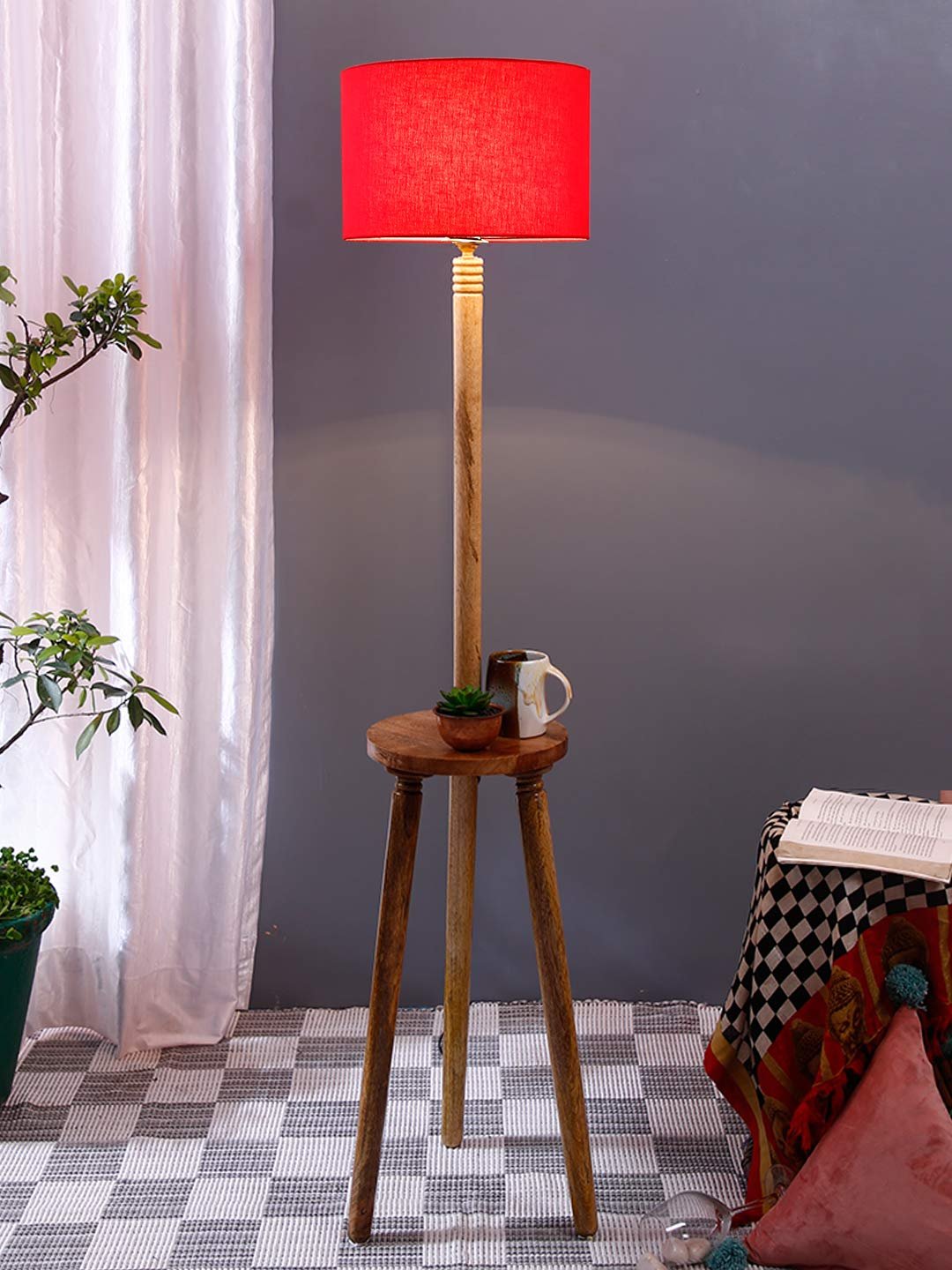 Red Cotton Drum Shade Wood Natural Table Floor lamp