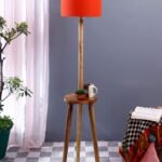 Orange Cotton Drum Shade Wood Natural Table Floor lamp