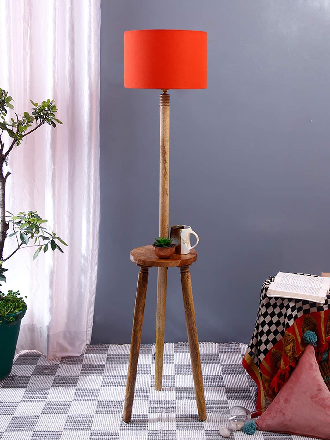 Orange Cotton Drum Shade Wood Natural Table Floor lamp