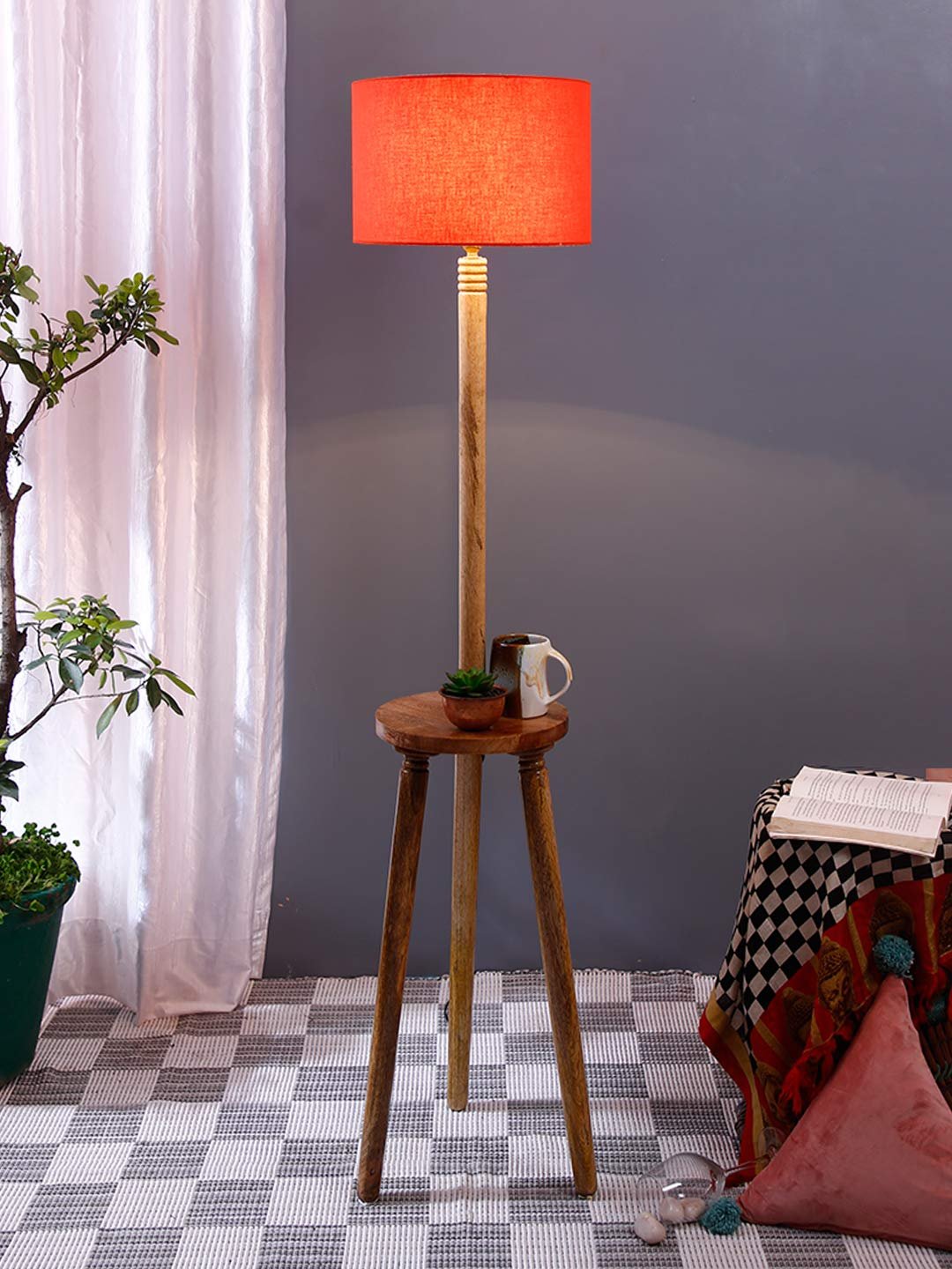 Orange Cotton Drum Shade Wood Natural Table Floor lamp