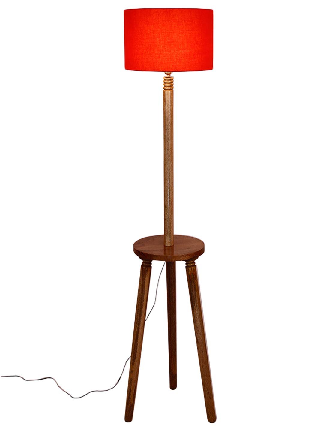 Orange Cotton Drum Shade Wood Natural Table Floor lamp