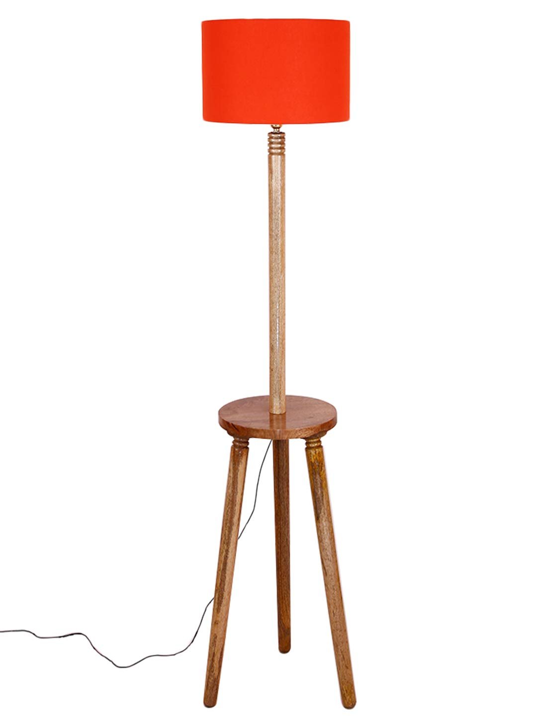 Orange Cotton Drum Shade Wood Natural Table Floor lamp
