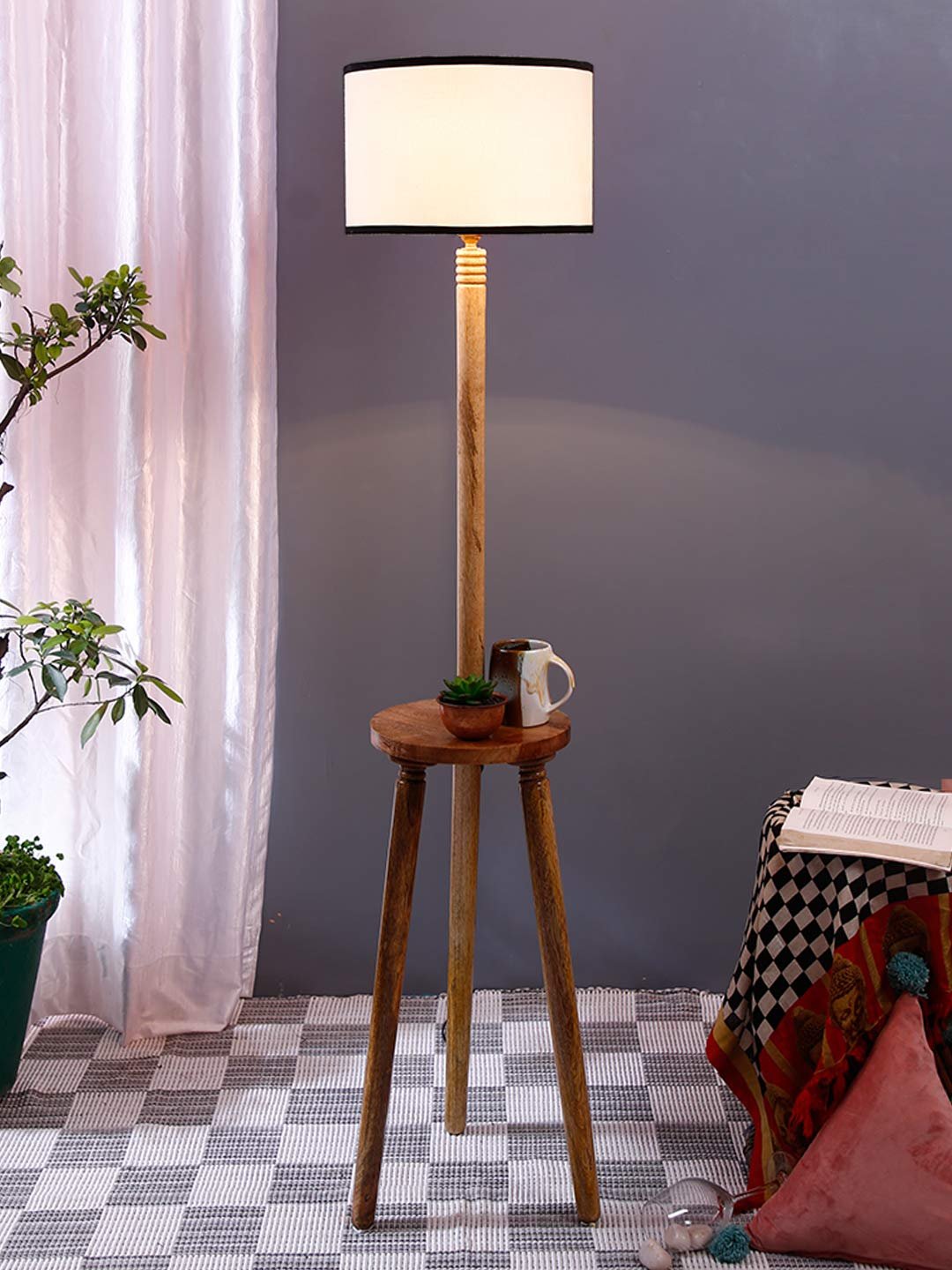 Multicolor Cotton Drum Shade Wood Natural Table Floor lamp