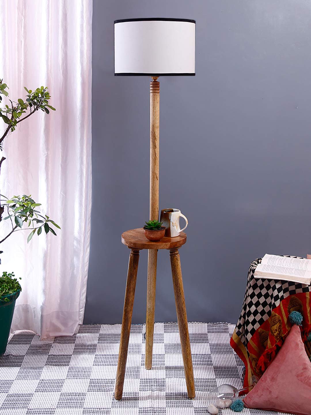 Multicolor Cotton Drum Shade Wood Natural Table Floor lamp