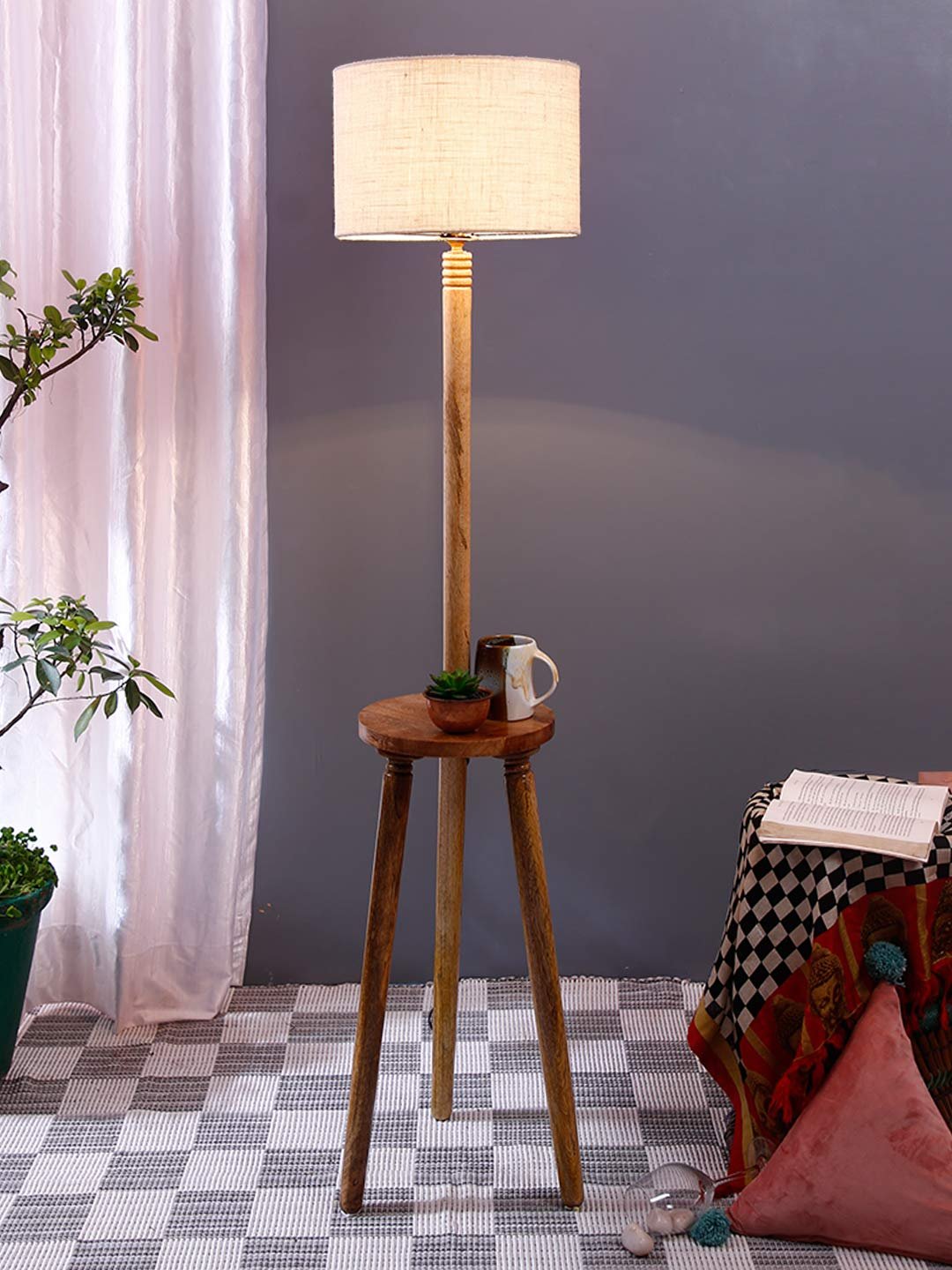 White Jute Drum Shade Wood Natural Table Floor lamp