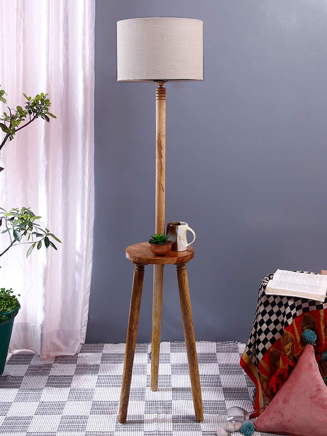 White Jute Drum Shade Wood Natural Table Floor lamp