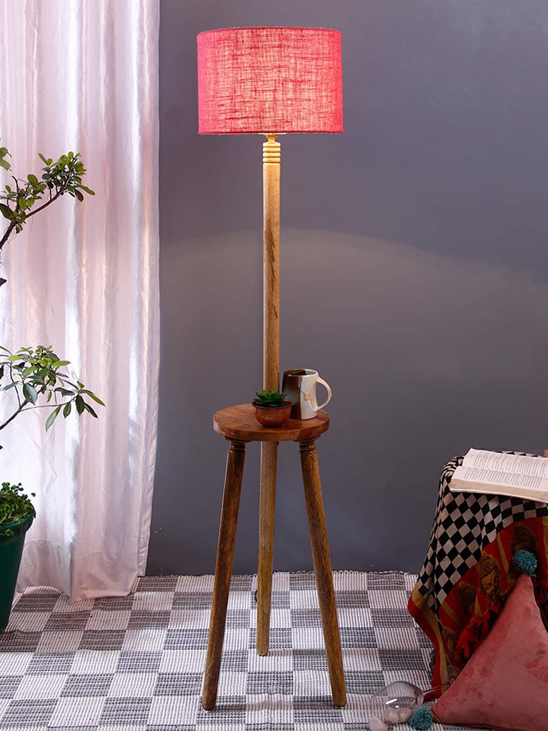 Pink Jute Drum Shade Wood Natural Table Floor lamp