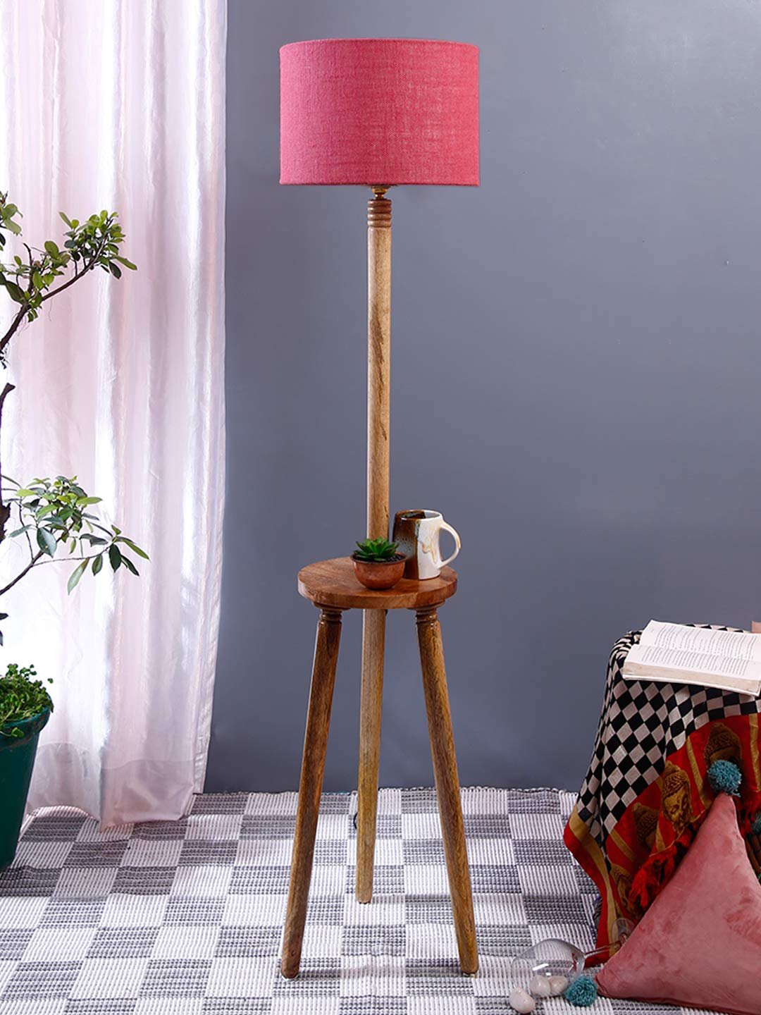 Pink Jute Drum Shade Wood Natural Table Floor lamp