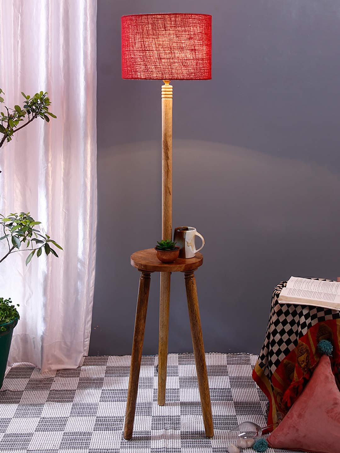 Maroon Jute Drum Shade Wood Natural Table Floor lamp