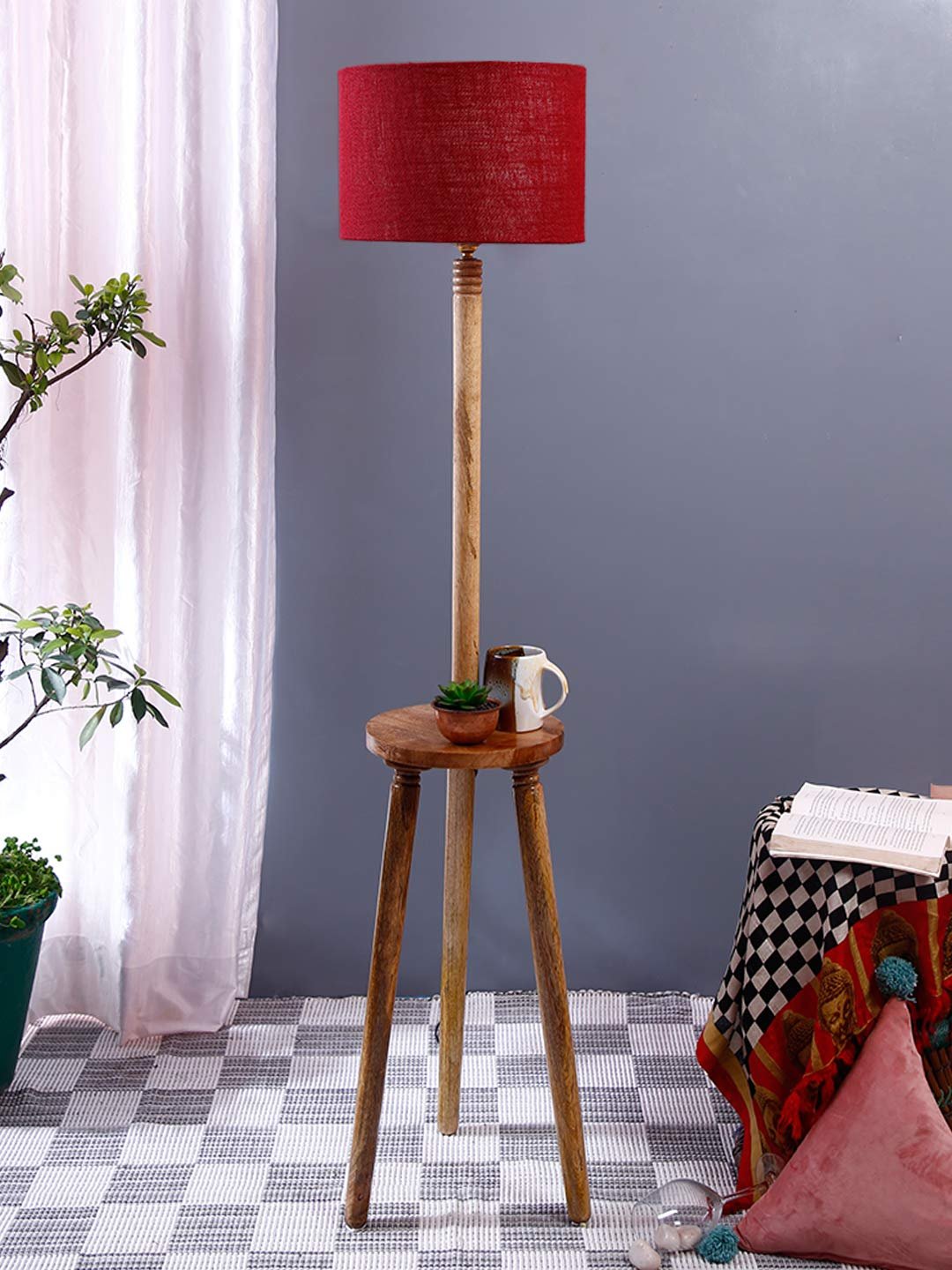 Maroon Jute Drum Shade Wood Natural Table Floor lamp