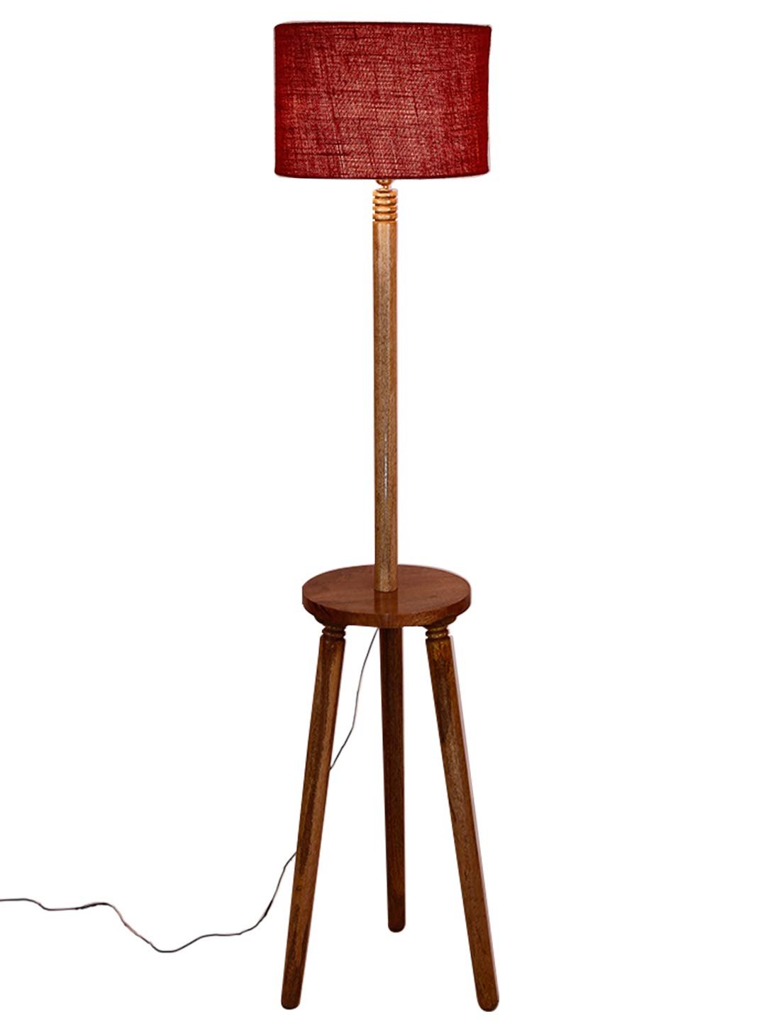Maroon Jute Drum Shade Wood Natural Table Floor lamp