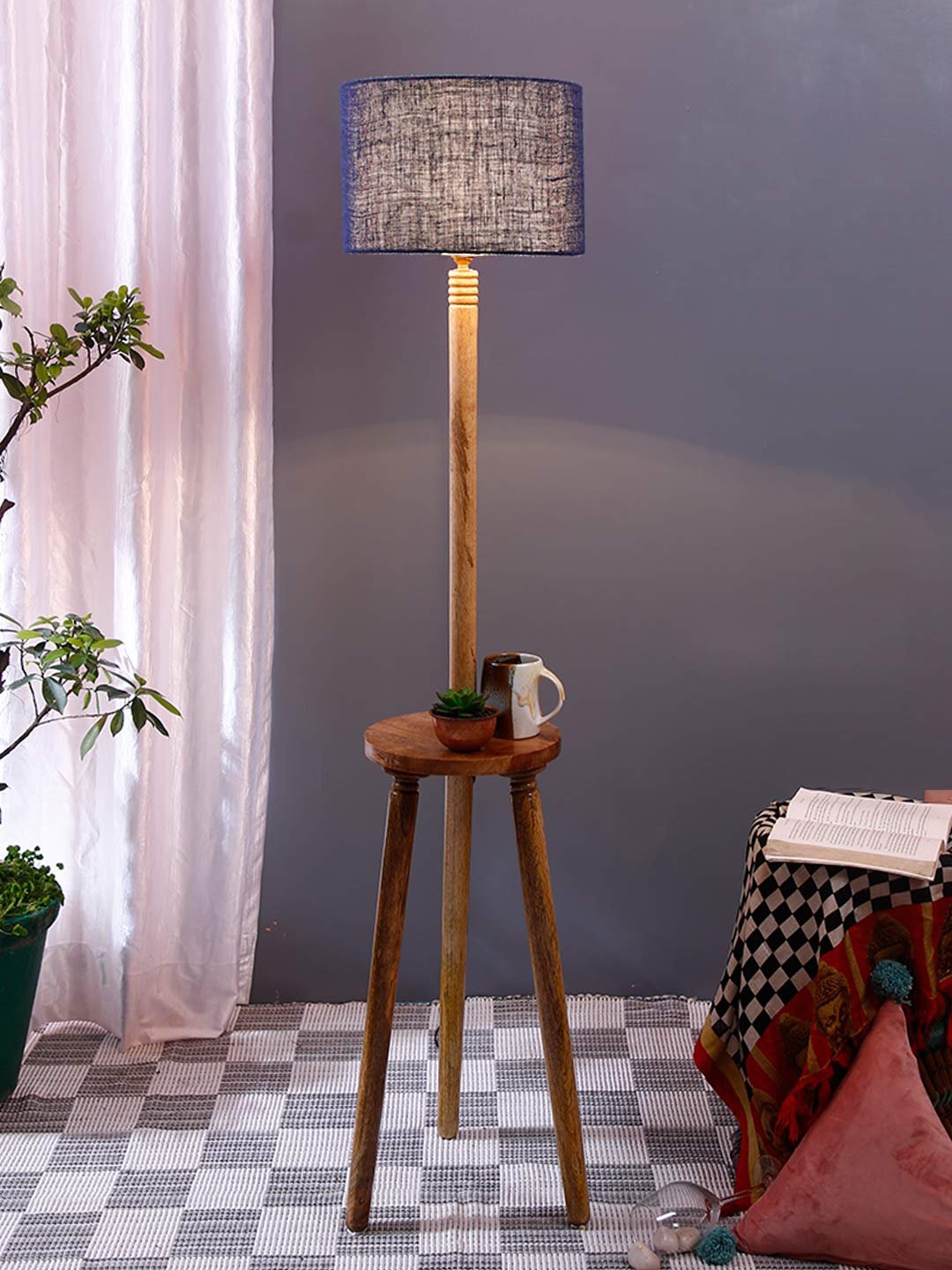 Blue Jute Drum Shade Wood Natural Table Floor lamp