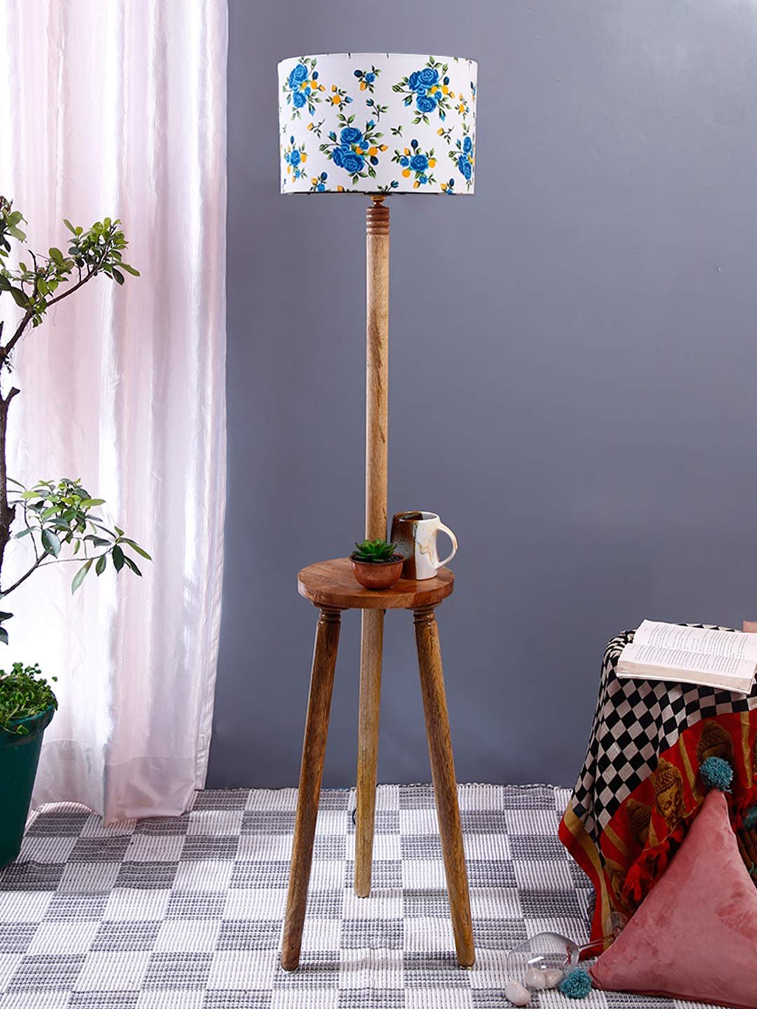 Multicolor Cotton Drum Shade Wood Natural Table Floor lamp