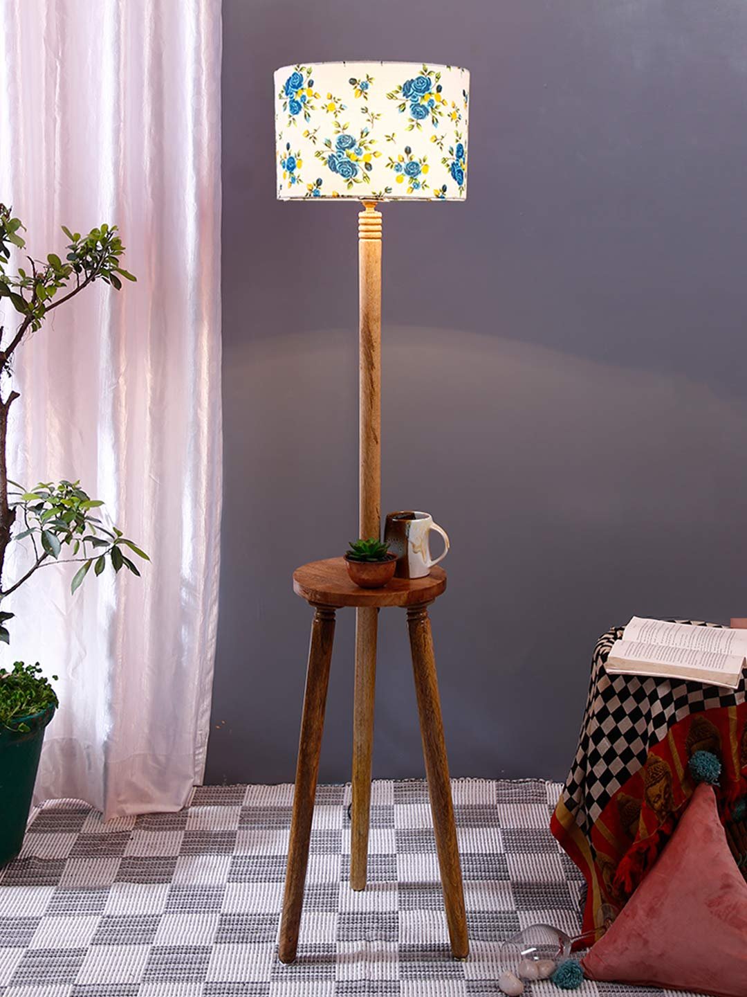 Multicolor Cotton Drum Shade Wood Natural Table Floor lamp