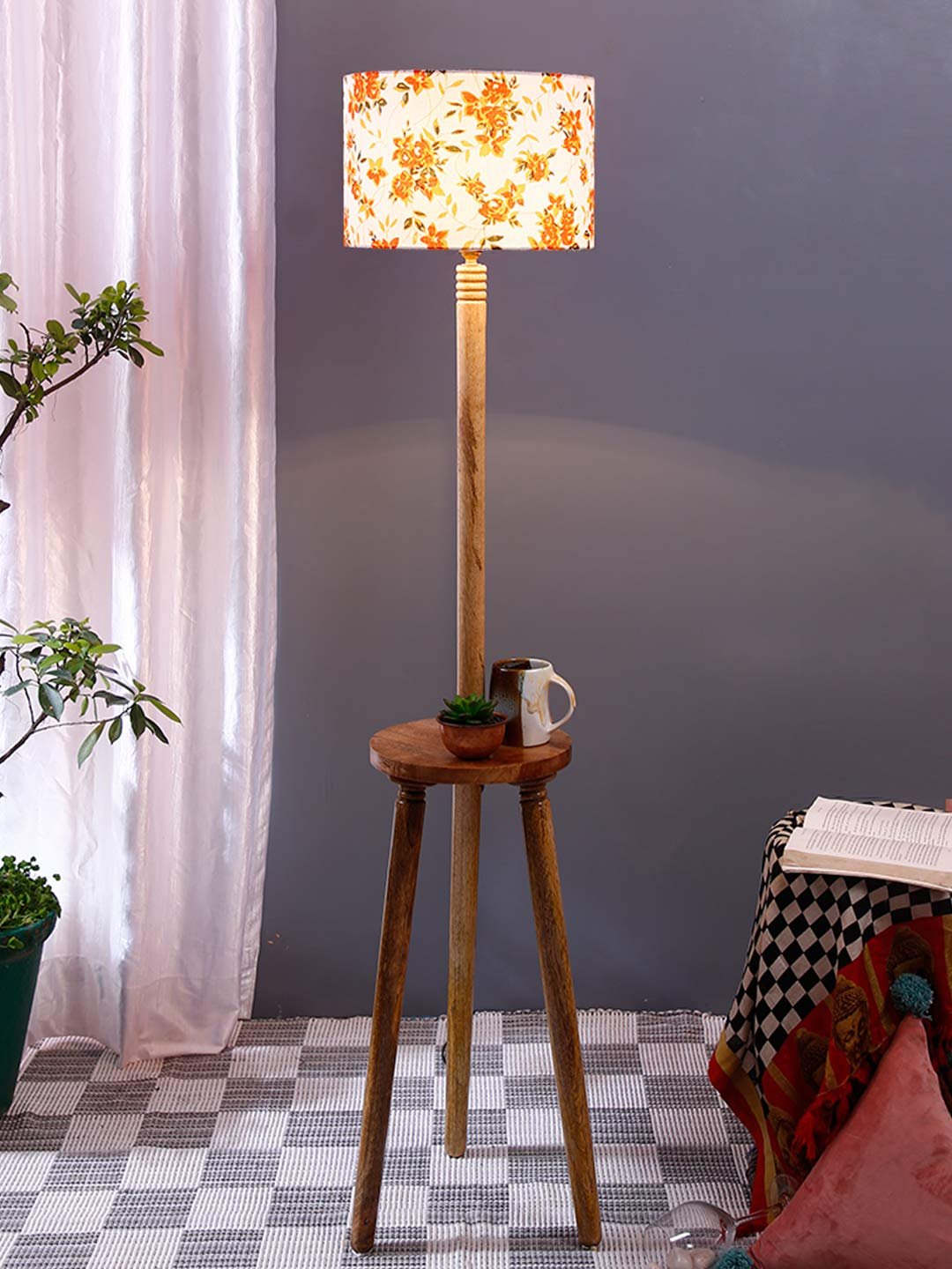 Multicolor Cotton Drum Shade Wood Natural Table Floor lamp
