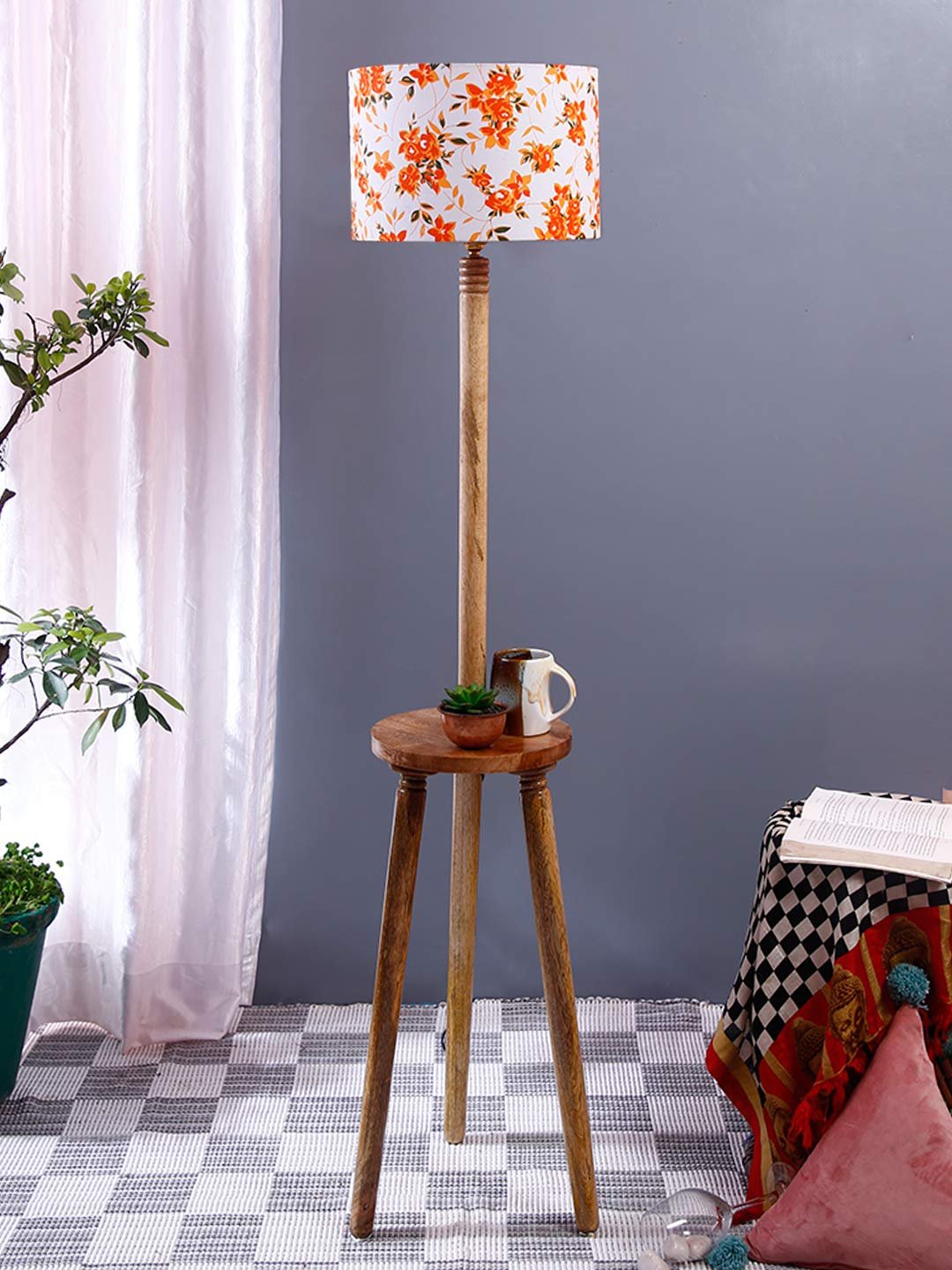 Multicolor Cotton Drum Shade Wood Natural Table Floor lamp