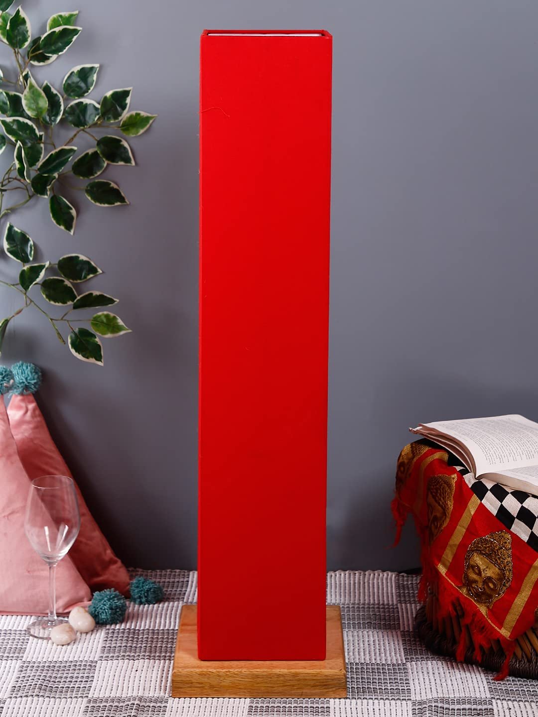 Red Square Cotton Shade Floor lamp with Wood Base .(Red,Cotton)