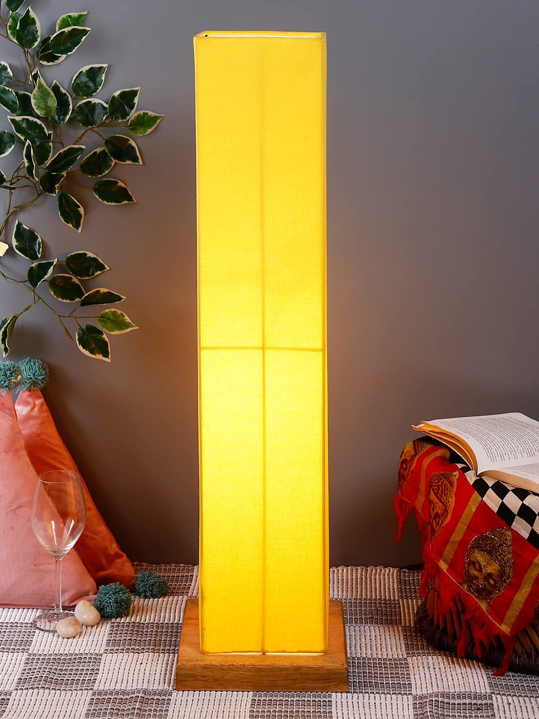 Yellow Square Cotton Shade Floor lamp with Wood Base .(Yellow,Cotton)