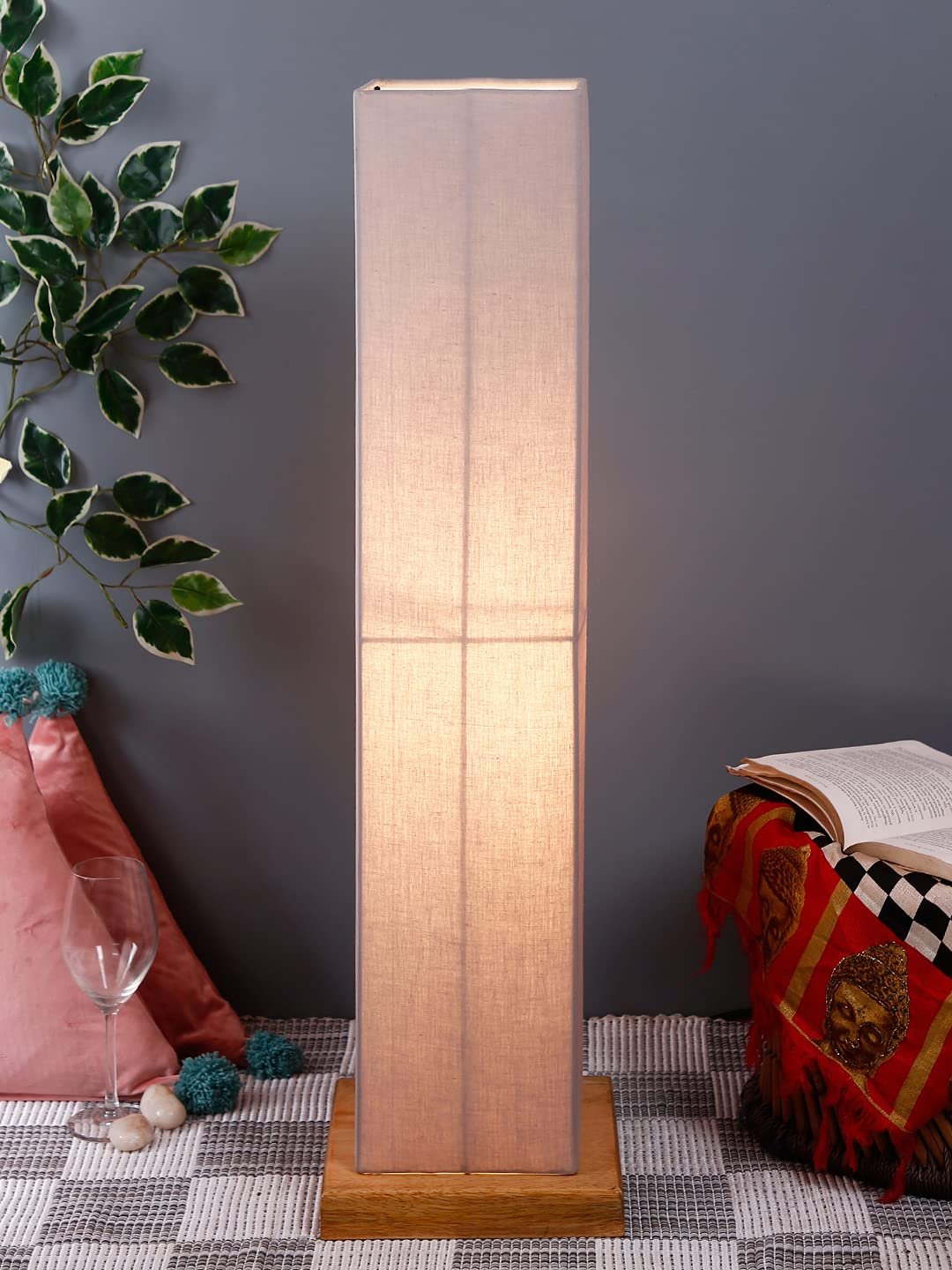 Grey Square Cotton Shade Floor lamp with Wood Base .(Grey, Cotton)