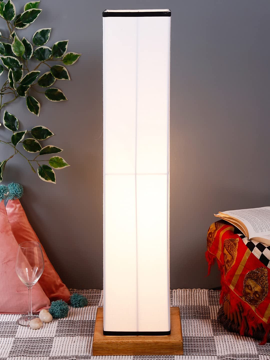 Multicolor Square Cotton Shade Floor lamp with Wood Base .(Multicolor,Cotton)