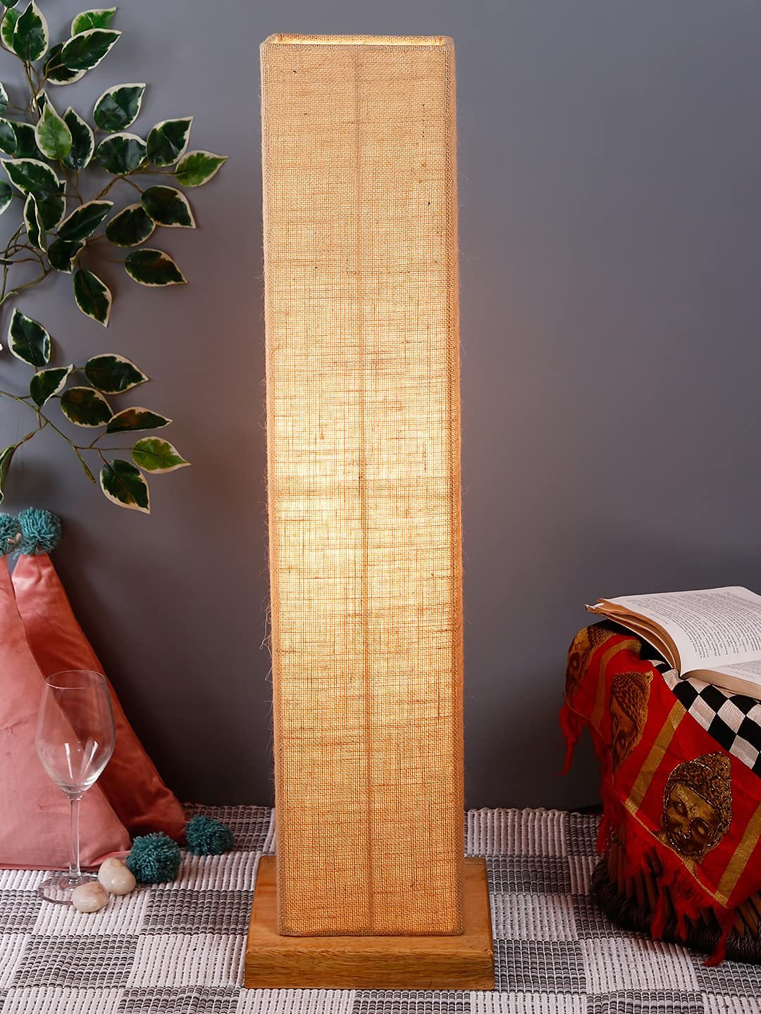 Beige Jute Square Shade Floor lamp with Wood Base .(Beige,Jute)